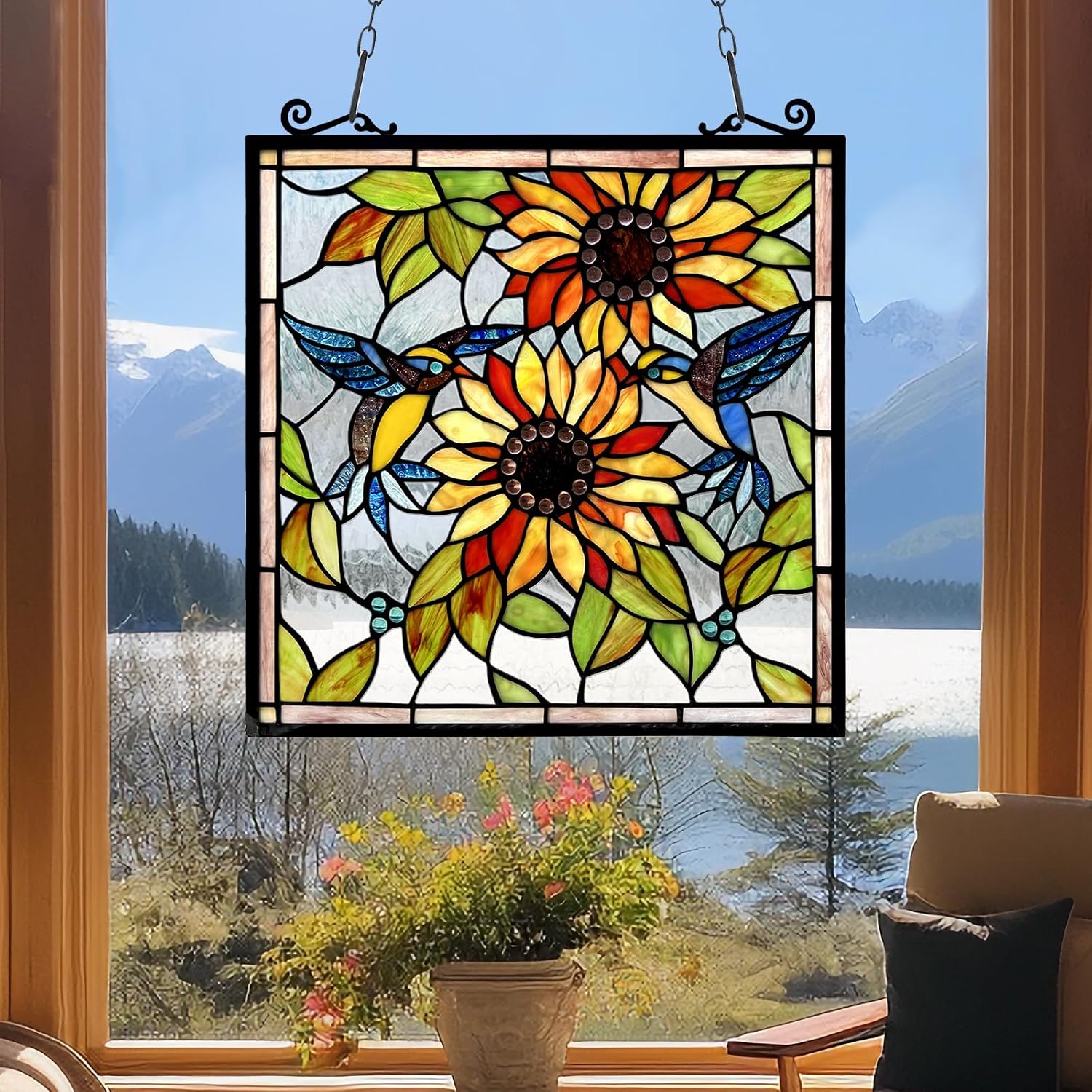 Capulina Stained Glass Window Hangings Panels Sunflower and Birds Tiffany Style Traditional Art Handcrafts for Home Decor and Gifts