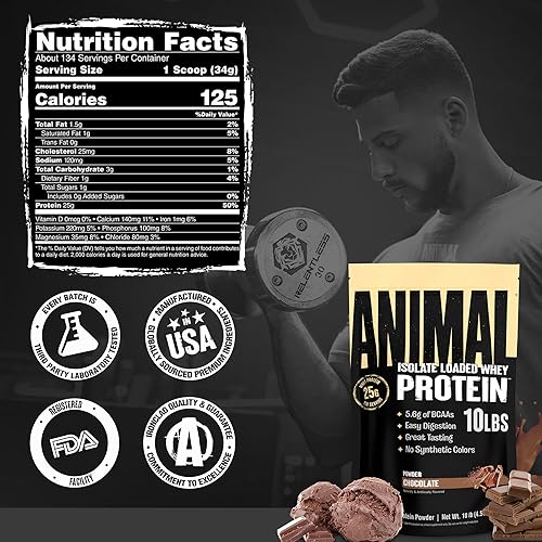 Vista 16 de Animal Whey Polvo de proteína aislada de suero de leche, para recuperarse después del entrenamiento, baja en azúcares sumamente digerible, sabor