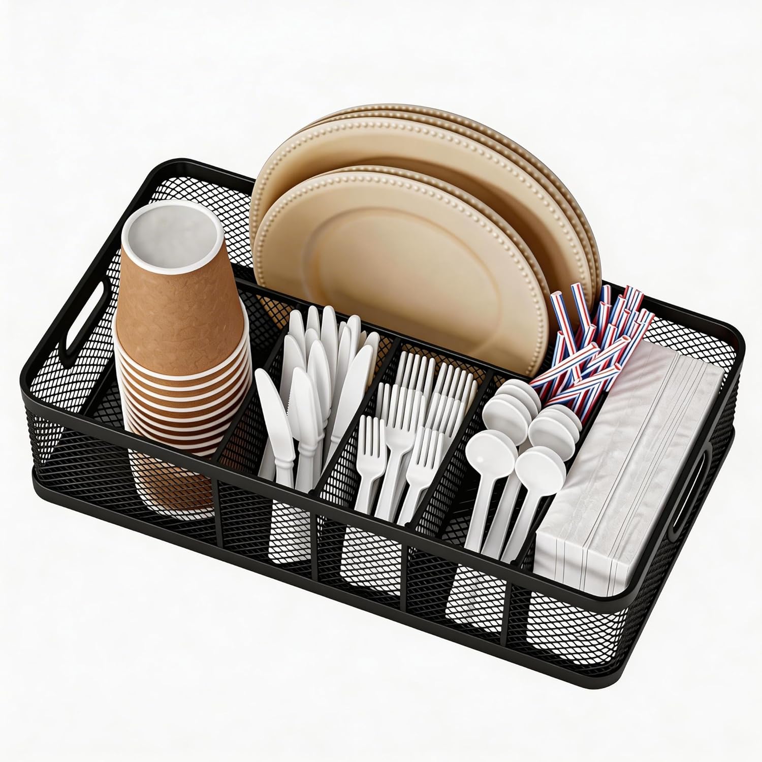 Paper Plate Organizer and Utensil Caddy for Countertop with Handle, 6-Compartment Paper Plate Holder and Silverware Tray for Cups, Forks, Spoons, Napkins - Ideal for Party, Camping, Picnic