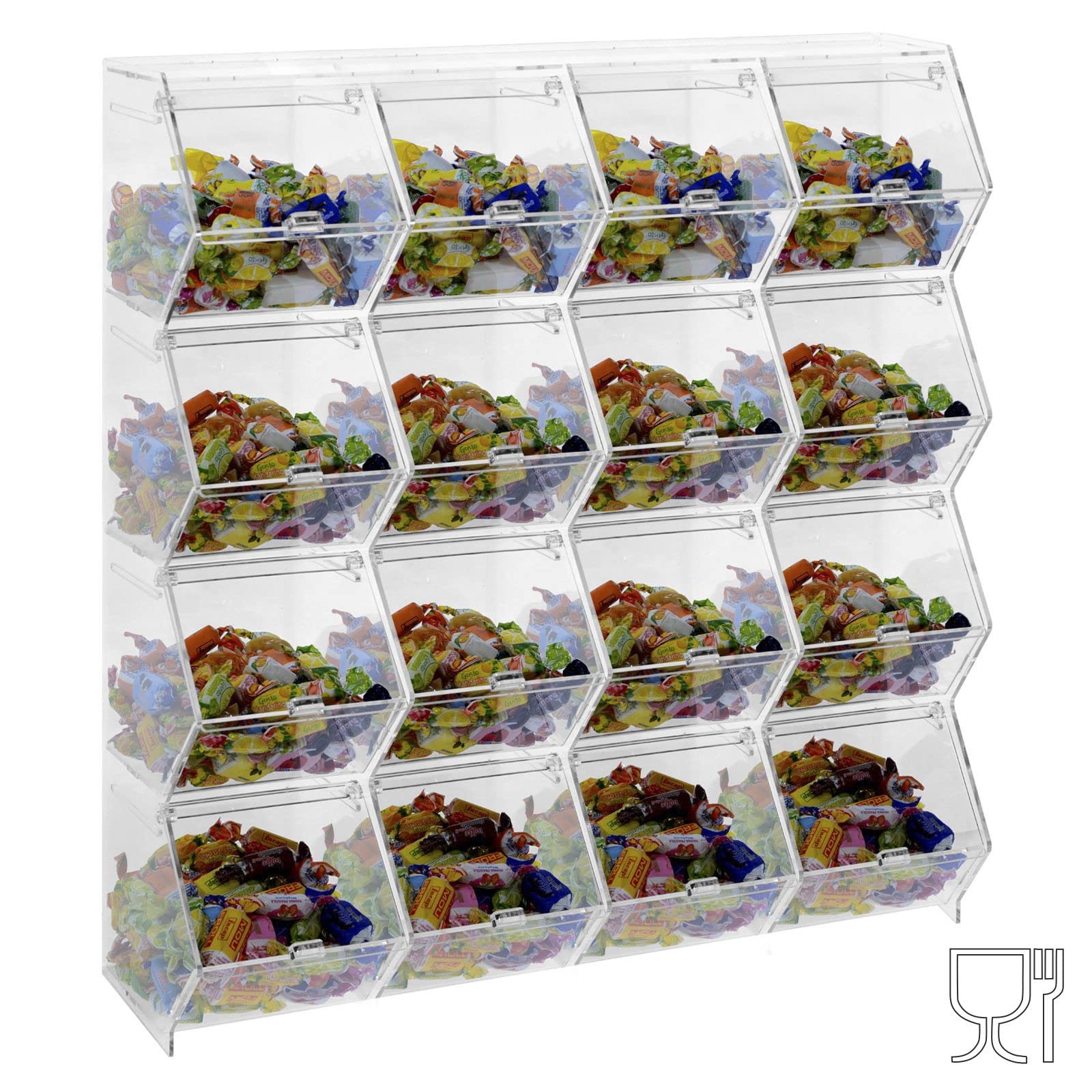 Porta caramelle confezionate da banco o da parete in plexiglass trasparente a 16 scomparti CON sportello a scomparsa - Misure totali: L 52 x P 18 x H 60 cm