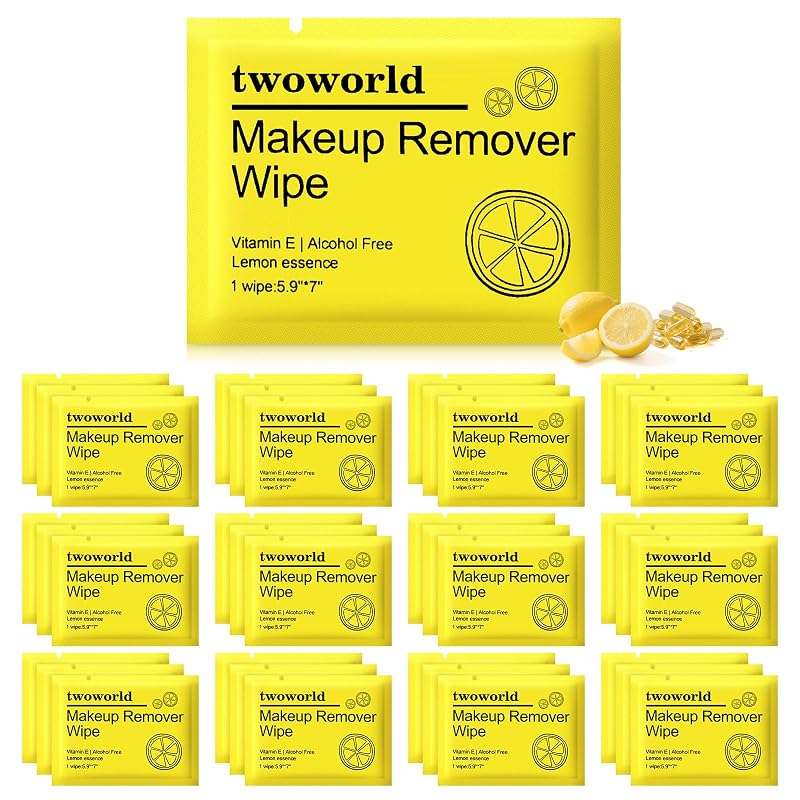 twoworld Lenços Removedores de Maquiagem com Aroma de Limão, Embalagem Individual, Pacote com 50