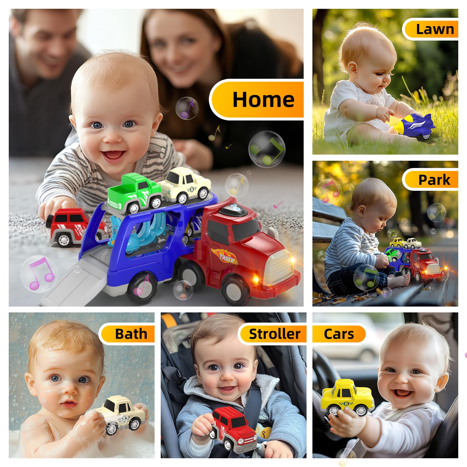 usrela Giocattoli per Bambini di 3 4 5 Anni Ragazzi e Ragazze, Auto Camion Giocattolo con 6 Auto Giocattolo, 7 in 1 Trasportatore Con Luce e Musica, Regalo per Giocattoli Compleanno Natale