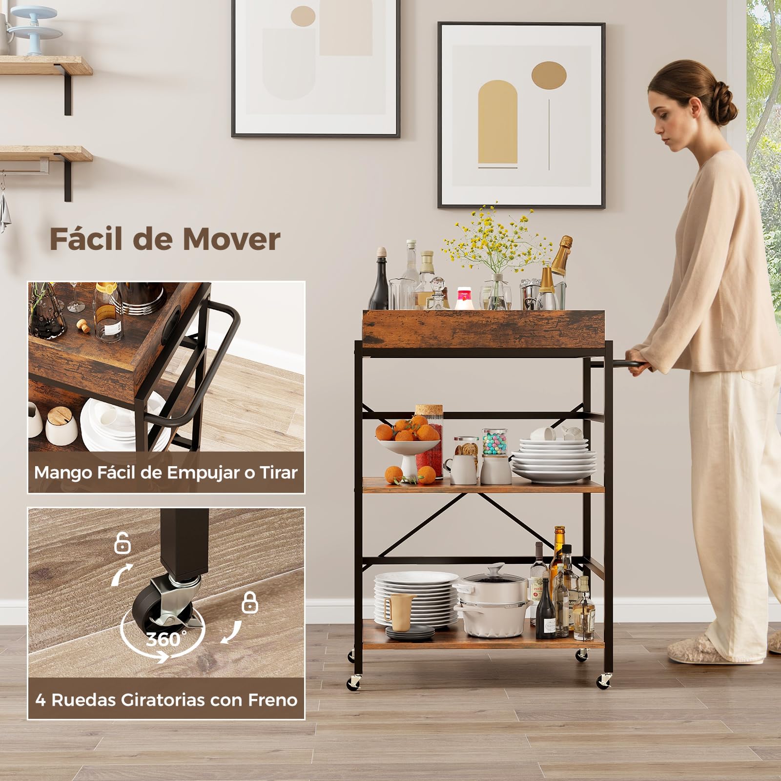 COSTWAY Carrito de Servicio de 3 Niveles, Carrito Móvil Industrial con Bandeja Desmontable, 4 Ruedas Bloqueables y 1 Asa Práctica, Barandillas Protectoras, Carrito Cocina para Bares, Restaurantes
