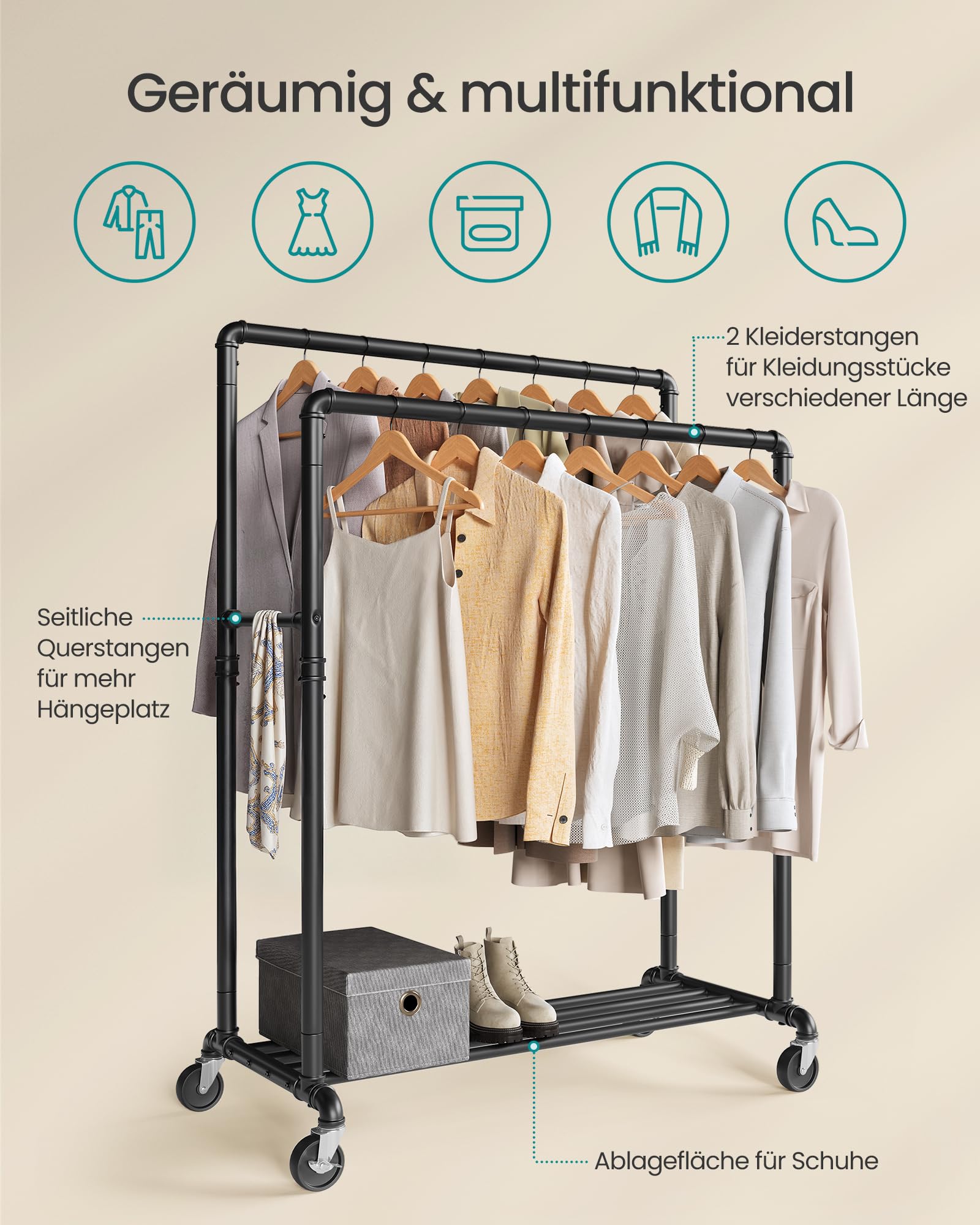 SONGMICS Kleiderständer, Kleiderstange, Garderobenständer mit 2 Kleiderstangen und Ablage, Rollen, bis 110 kg belastbar, Industrie-Design, für Schlafzimmer, Ankleidezimmer, schwarz HSR60B
