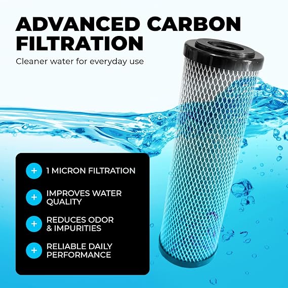 1 Micron 10 x 2.5 Activated Carbon Whole House Water Filter Replacement Charcoal Block Cartridge Set - Coconut Shell Carbon - Fits Whole Home/Under-Sink Systems, Reduces Chlorine & Odor - 4-Pack
