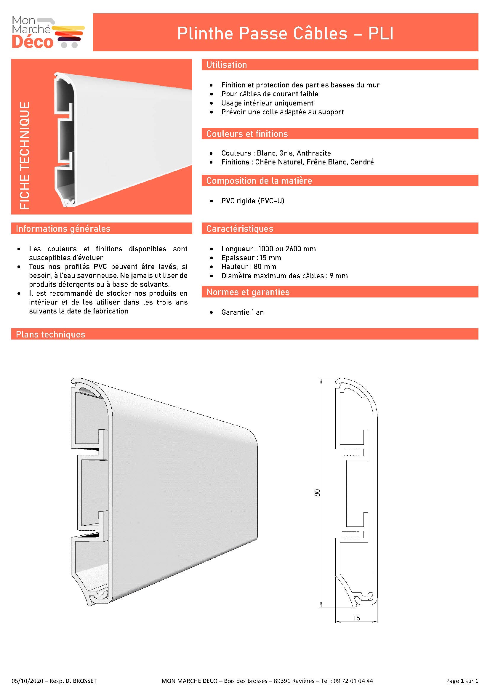 Mon Marché Déco - Plinthe PVC Creuse Passe Câble - Lot de 5 - Long.1m x Haut. 80mm x Ep.15mm (Blanc)