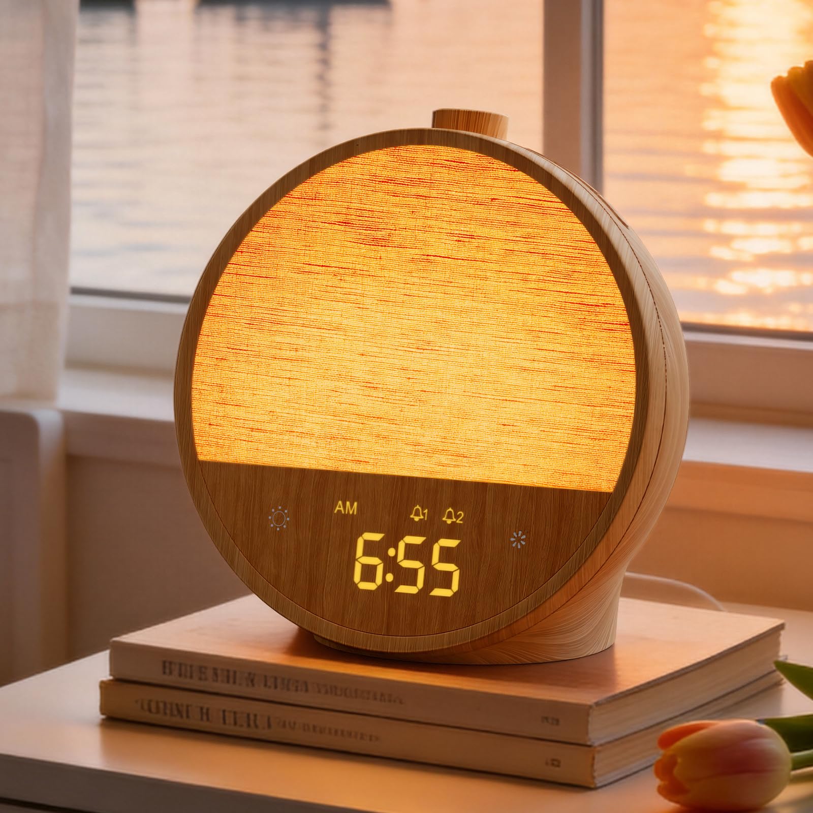 blonbar Tageslichtwecker, Lichtwecker mit Sonnenaufgang, Nachttischlampen mit 10 Naturgeräusche & 10 Weißgeräusche, Tischlampe mit RGB-Stimmungsnachtlicht, Sanfter Wecker für Schlafzimmer & Kinderzimm