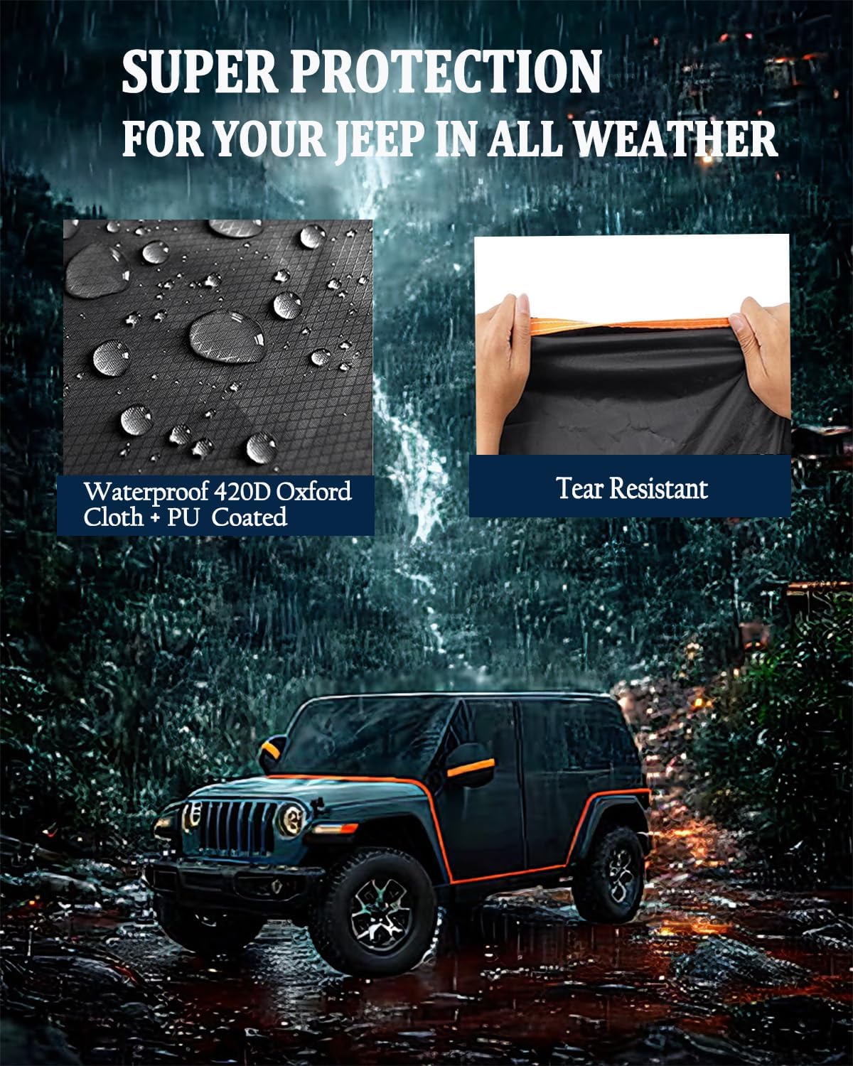 Cab Cover for Jeep Wrangler Cover 4 Door Waterproof 2007-2025 UV Resistant with Zipper 8 Gust Hooks JK JL Unlimited Cover Protect from Rain, Sunshine, Snow Scratch Resistant