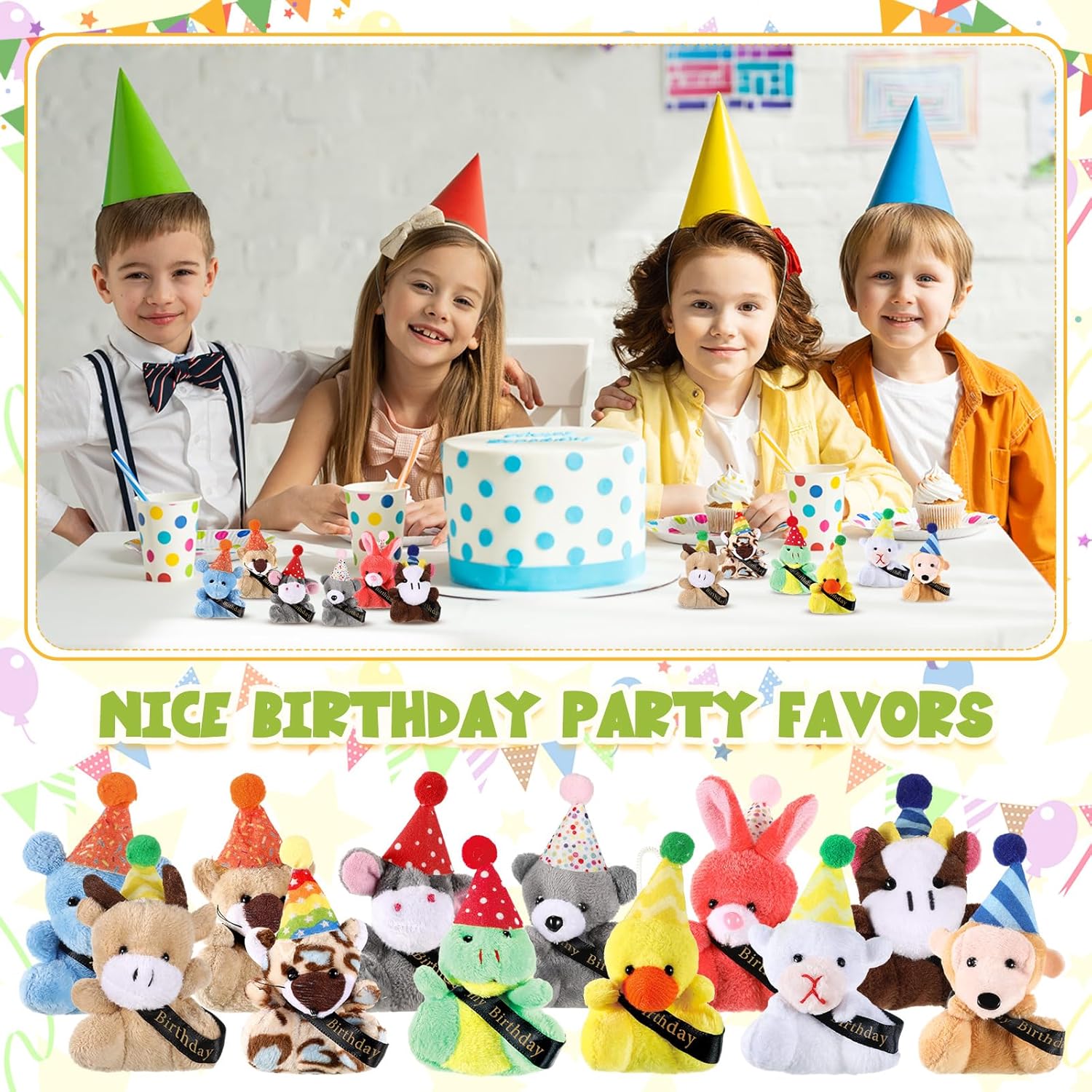 Seenelling Birthday Mini Plush Toy With Hats, Party Decor Stuffed Animal for Student Classroom Reward Gifts Goodie Bag Stuffers (24 Pcs)