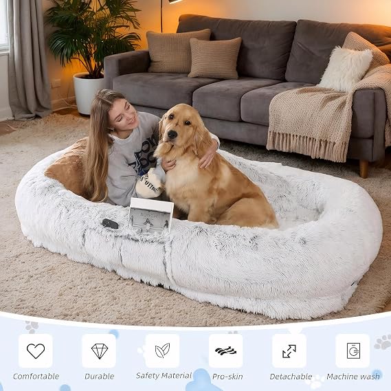 Human Dog Bed for Adults, 71 L x 45 W x 12 Giant Fluffy Dog Bed for Humans, Washable Faux Fur Napping Bed, Orthopedic Human Pet Bed with Non-Slip Bottom,Grey