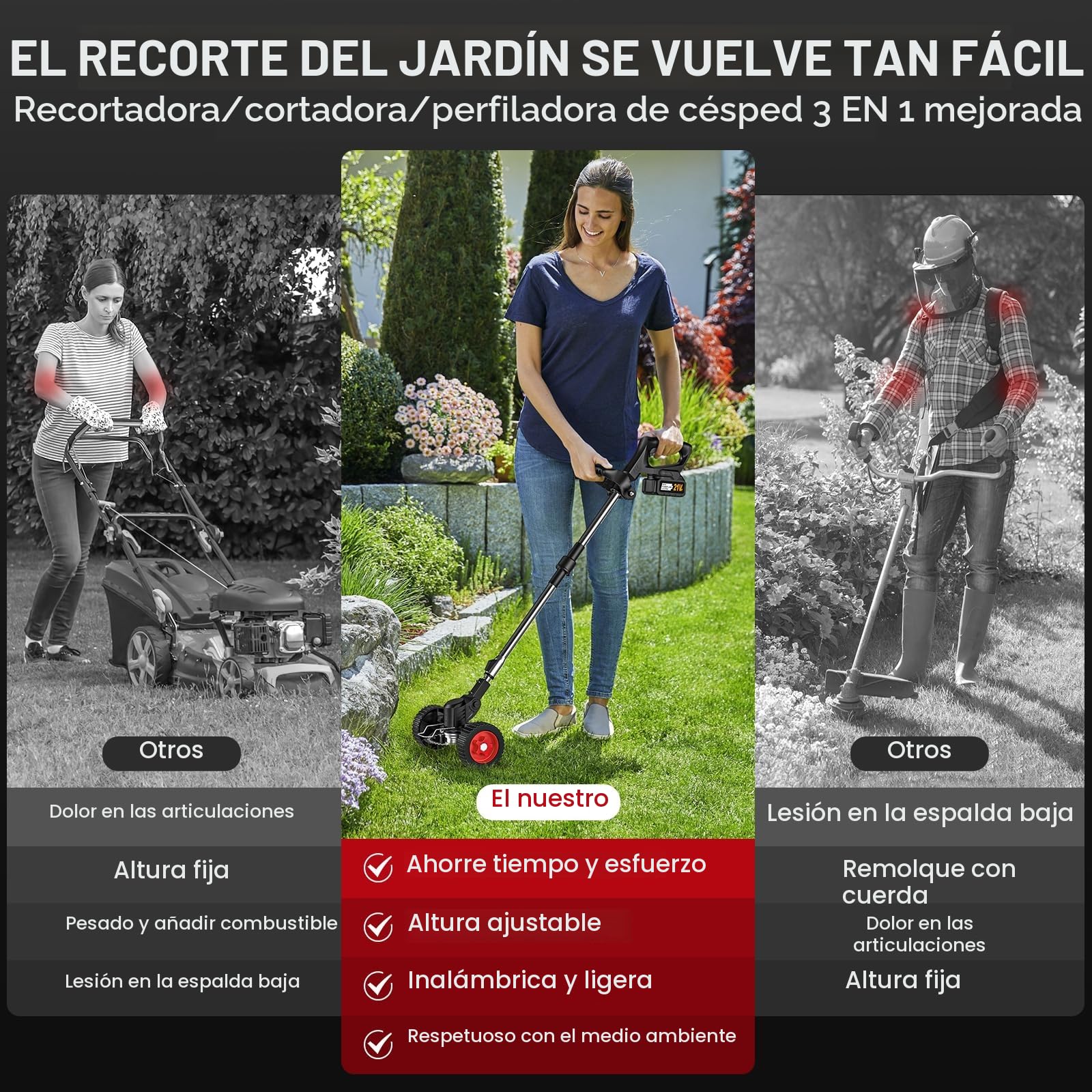Desbrozadora Bateria 21V, Desbrozadora Electrica con 2 x 3.0Ah Baterías y 3 Cuchillas, Ruedas Desmontables, Varilla Telescópica, Cortacésped de Batería Plegable para Recortar Césped y Arbustos