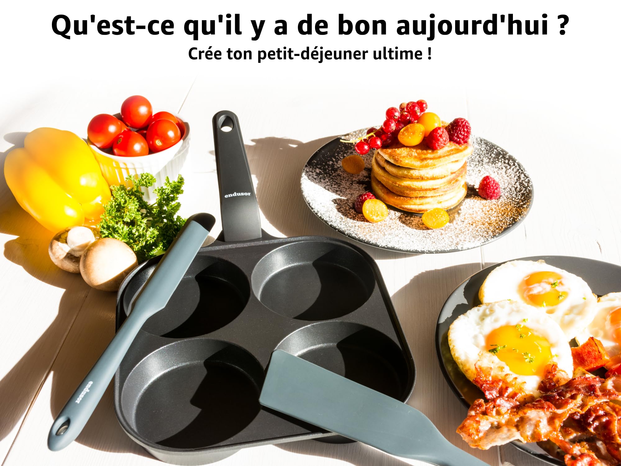 endusor Poele Pancakes et oeuf au plat - Poele de 21 cm adaptée à toute cuisinière + revêtement anti-adhésif & couvercle | Induction Gaz Céramique Électrique Halogène | 4 trous pour oeuf crêpe