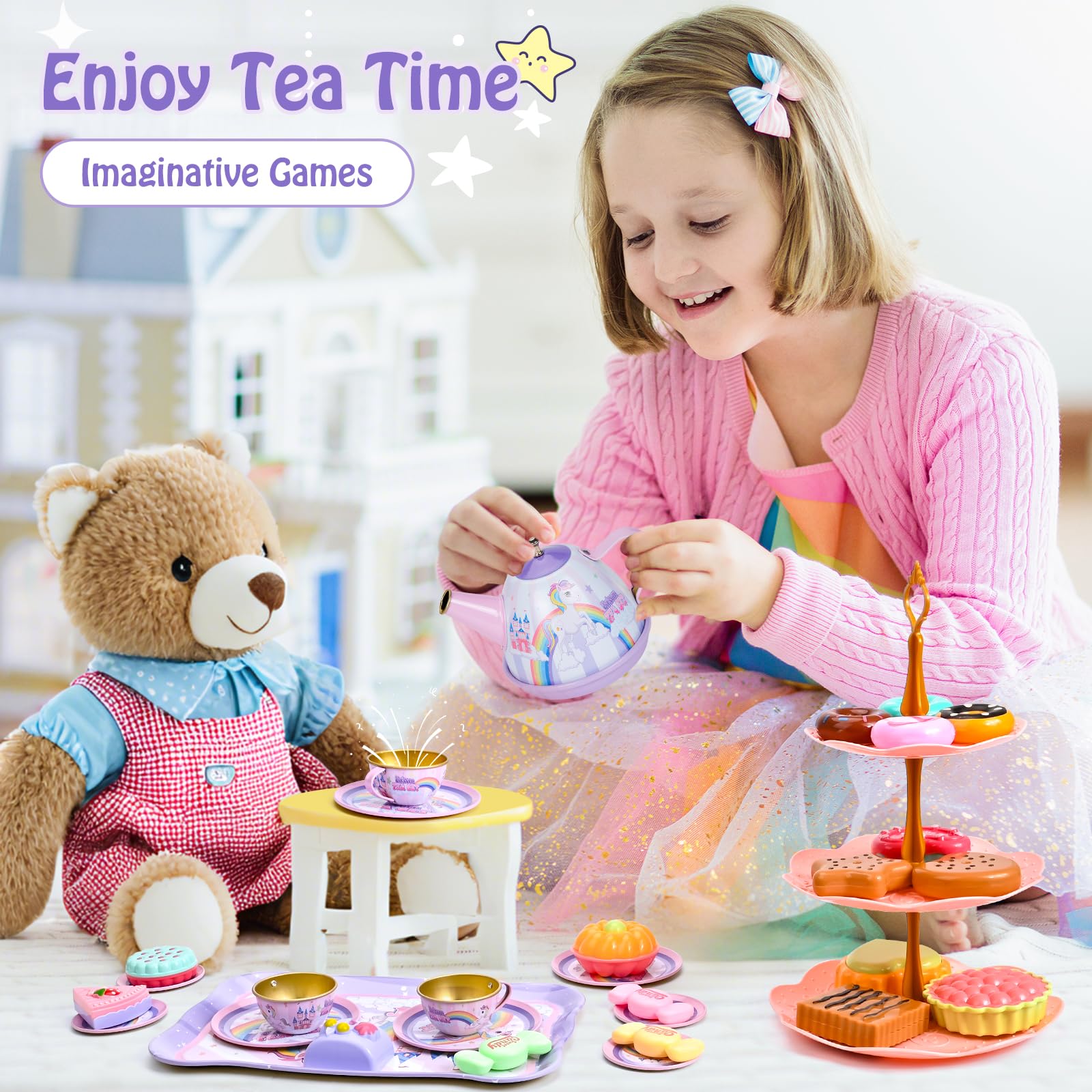 Set da tè per bambini, 33 PCS Set Cucina Bambini da Festa del tè con Vassoio per Cibo e Dessert Teiera Accessori da Cucina per Bambini Ragazze Gioco di Finzione,Unicorno