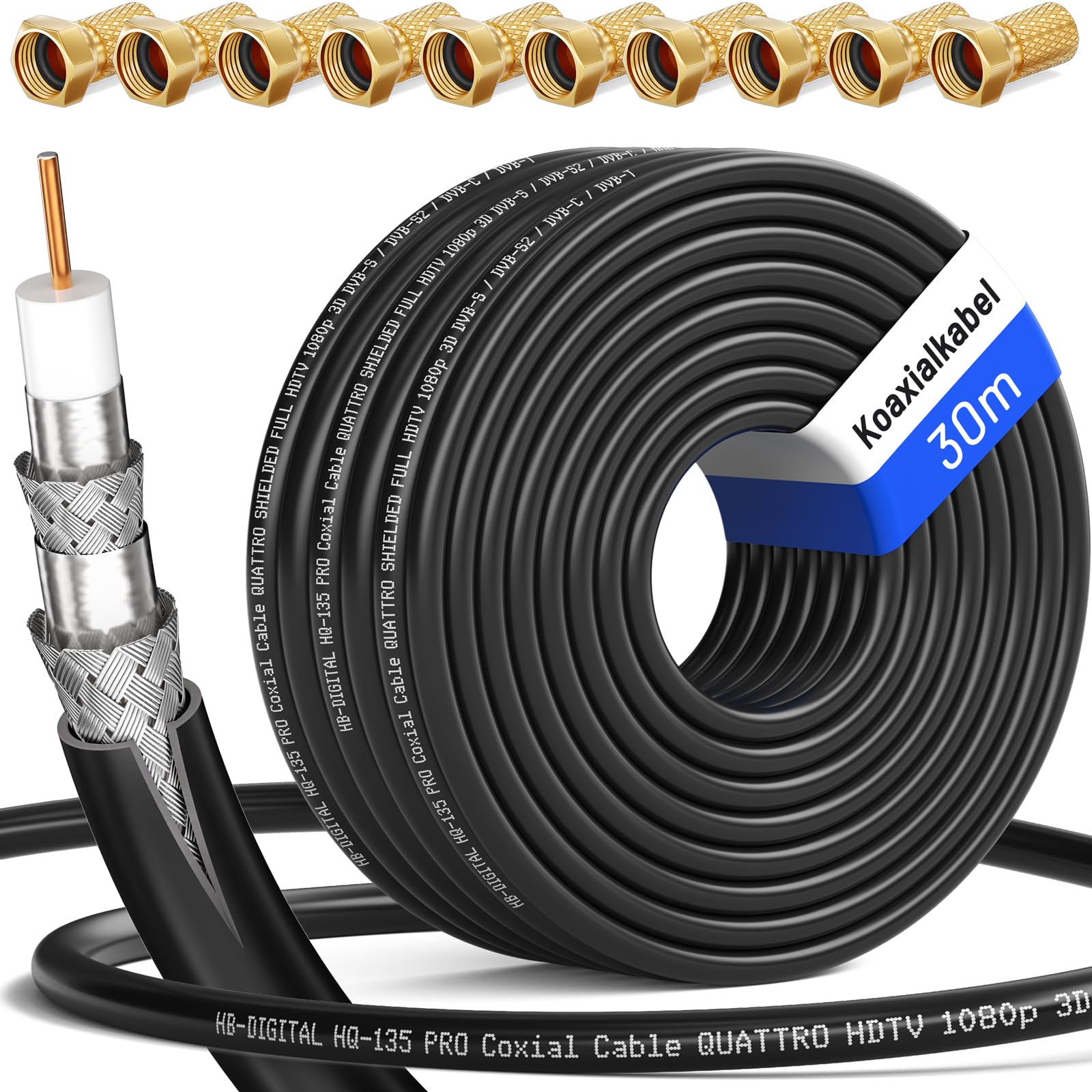 HB-DIGITAL 135dB Koaxial SAT Kabel HQ-135 PRO 4-Fach geschirmt für DVB-S / S2 DVB-C und DVB-T BK Anlagen + 10 vergoldete F-Stecker Set Gratis dazu Weiss