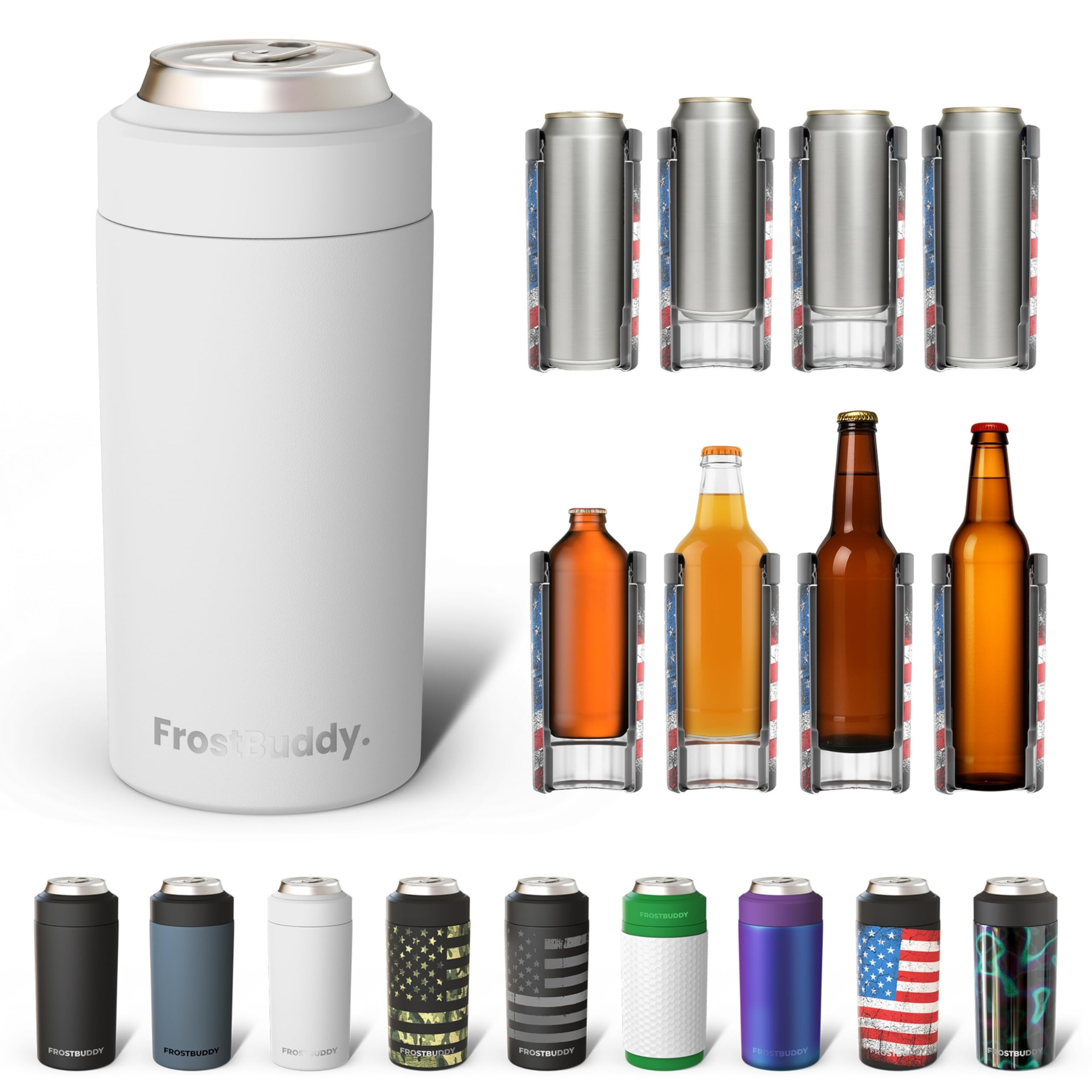 Frost Buddy Universal Can Cooler - Fits all - Stainless Steel Can Cooler for 12 oz & 16 oz Regular or Slim Cans & Bottles - Stainless Steel