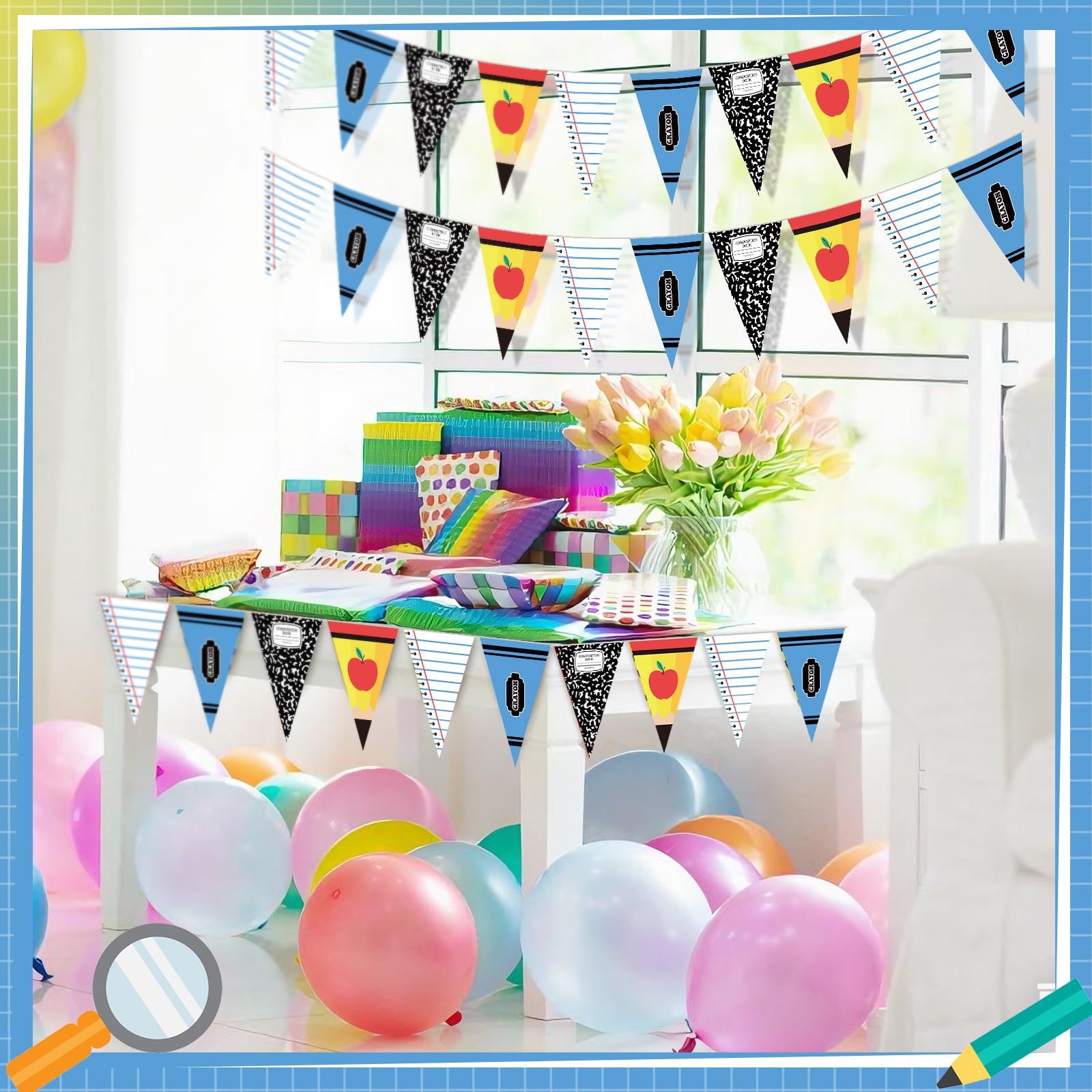 Hahafelt 5 pancartas decorativas para el primer día de clases, decoración de aula, lápiz, regla de crayón, cuaderno, guirnalda para fiesta de graduación