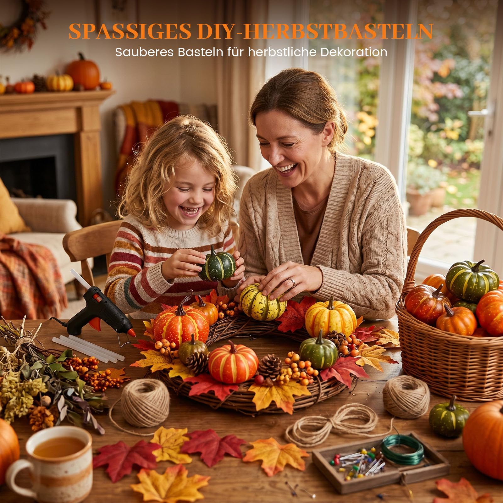 HAKACC Künstliches Kürbissse Set, 8 Verschiedene Gefälschte Kürbisse mit 30 Blatt Künstlichen Ahornblättern für Thanksgiving-Halloween-Party-Dekoration