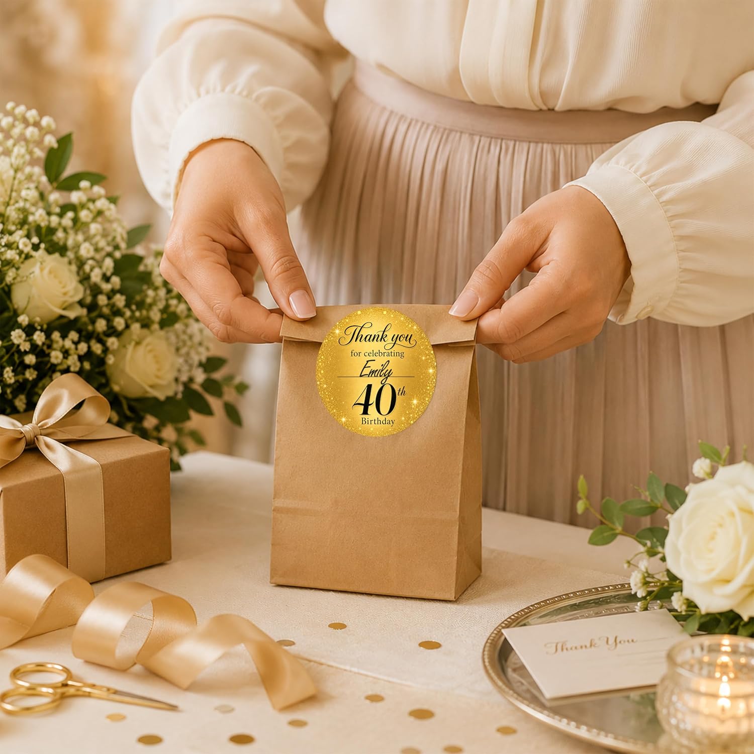 50Pcs 40th Birthday Thank You Stickers, Gold Glitter Round Birthday Favor Labels for 40th Party Gift Bags, Candy Boxes, Envelopes & Party Favors 2 x 2 Inch image 5