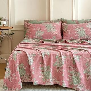 FADFAY Premium 100% Cotton Double Gauze Muslin Sheet Set Queen – Ultra Soft Breathable Vintage Floral Bedding, Dusty Rose Garden Cottagecore Sheets, Deep Pocket 4 Piece Set