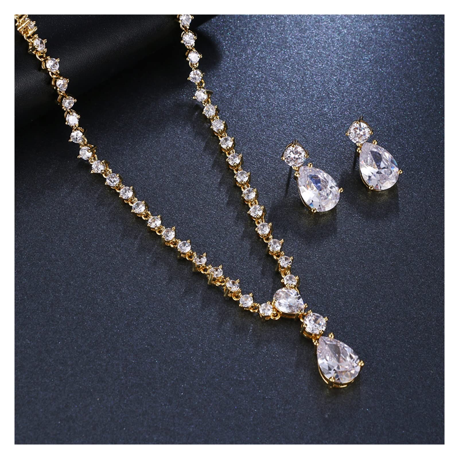 Conjunto de Collar y Pendientes de Cristal de Zirconia cúbica Simple a la Moda for Novias, Conjunto de bisutería de Boda (Color : Yellow Gold)
