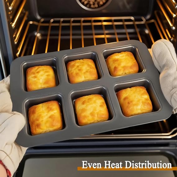 6 Cup Square English Muffin Pan with Lid Straight Side Hamburger Burger Bun Egg Sandwich Frittata Cinnamon Roll Focaccia Quiche Pancake Nonstick Baking Tin Tray Mold