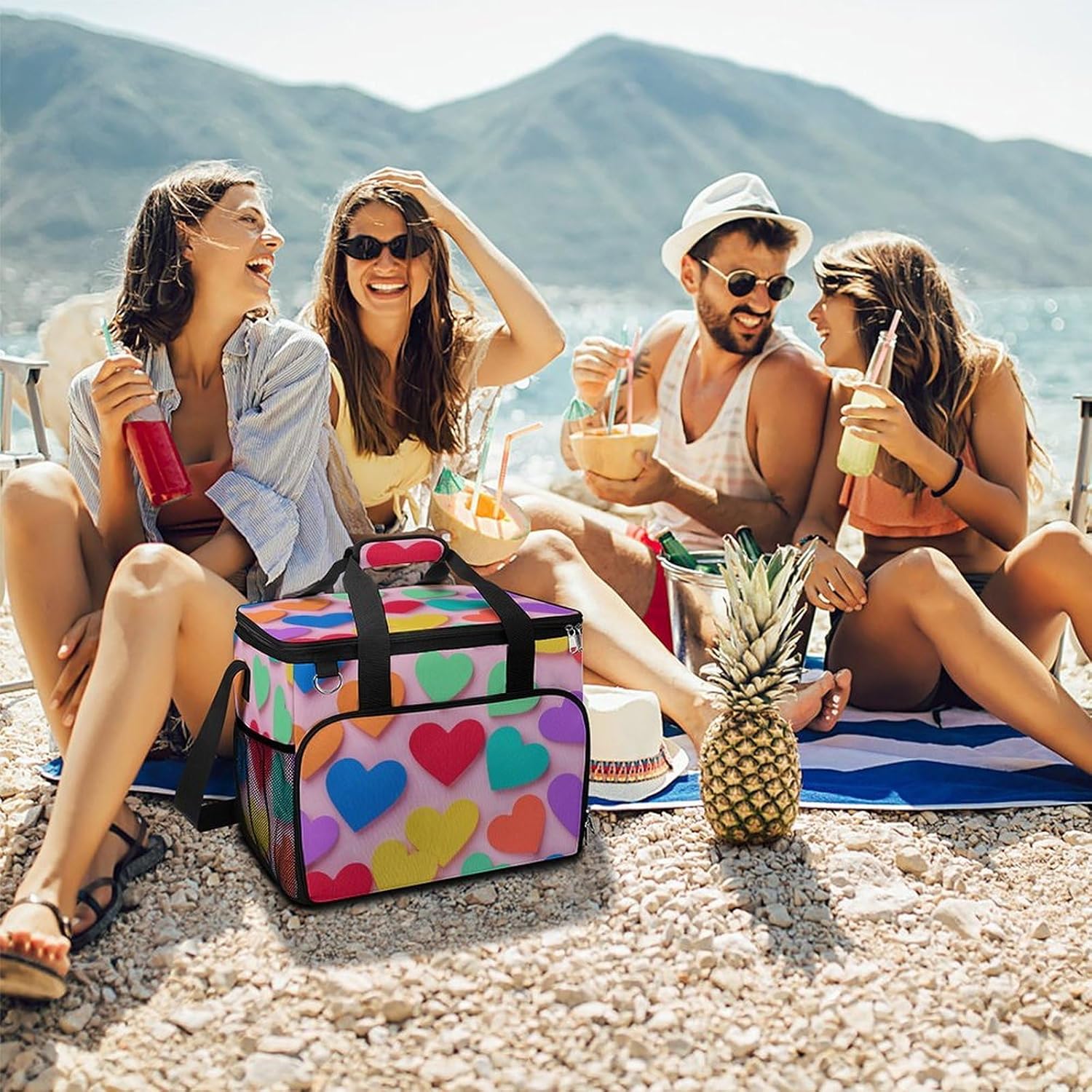 Insulated Picnic Backpack Tote Bag, Large Capacity 30L Colored Love Hearts Cooler Bag Leakproof Beach Bags Portable Lunch Box Waterproof Picnic Basket for Beach Camping BBQ