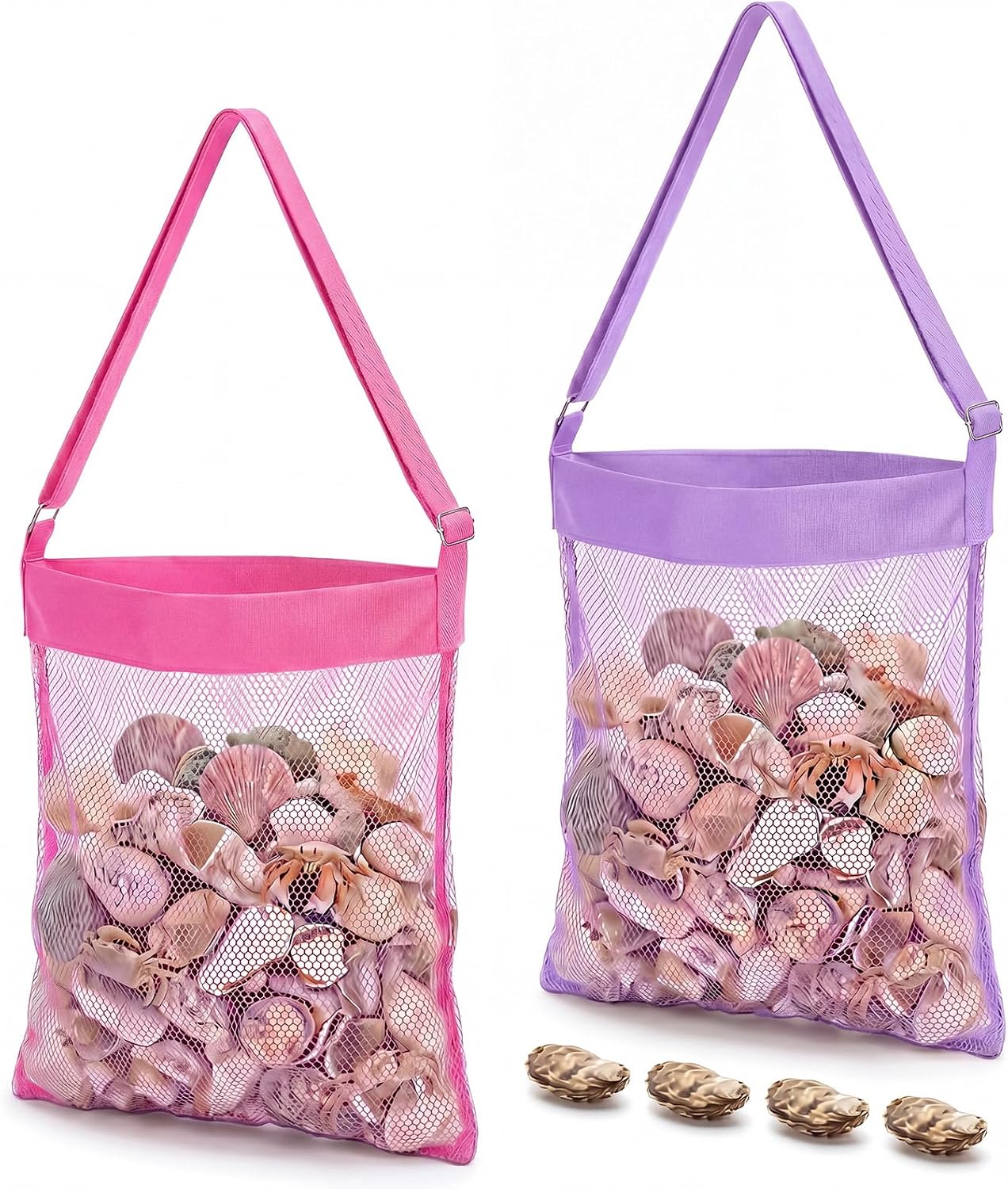 VioraWhite 2 Pcs Mesh Shell Bags Beach, Black | 14x16 Inch Extra Large, Sand Away for Seashells Clams Treasures, Adjustable Straps, Foldable Tote Chum Bag for Collection