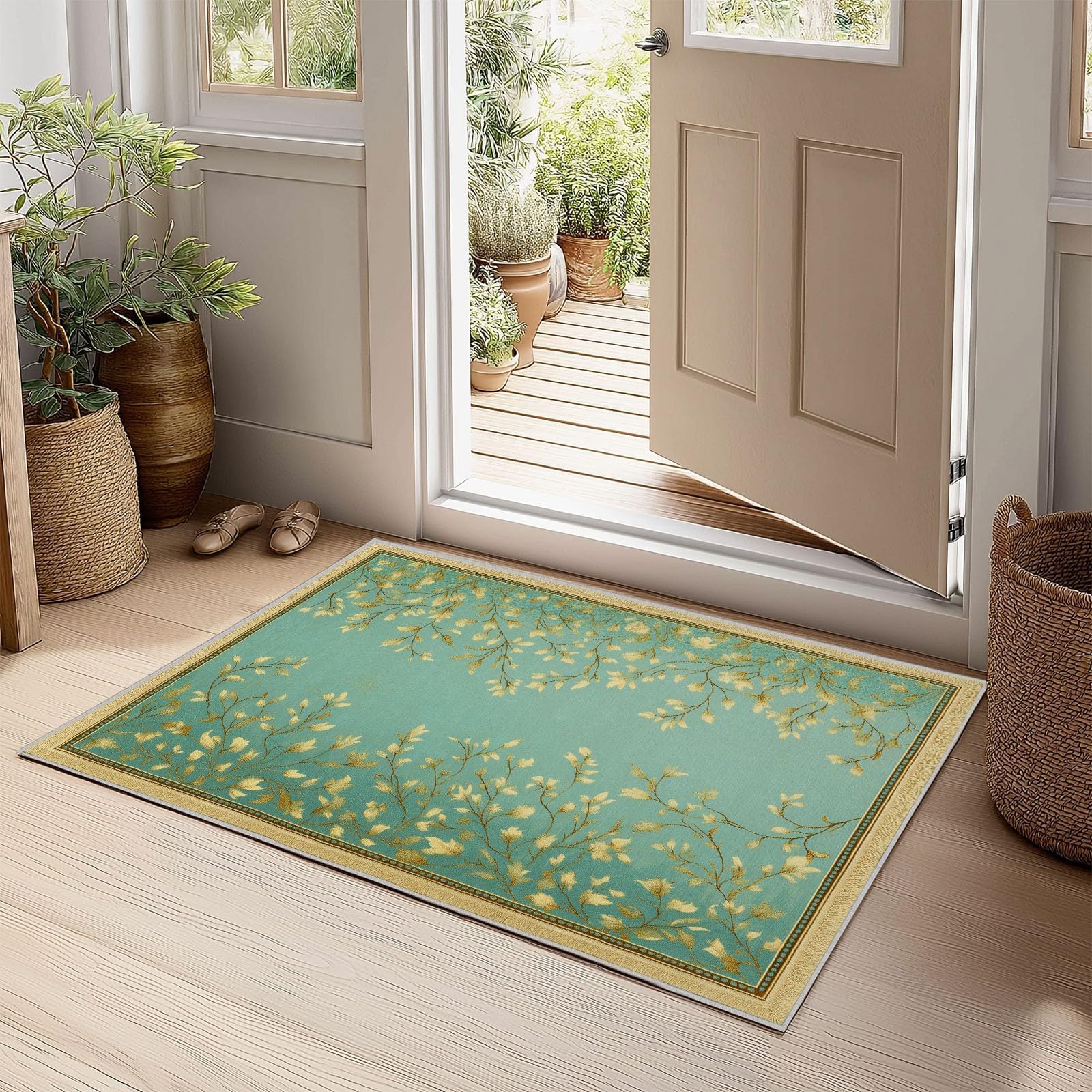 Tapis de Salon Lavable 150x180cm Vert Sauge à Poils Courts, Motif Floral champêtre, antidérapant, pour Bureau, Balcon, Salle de Bain