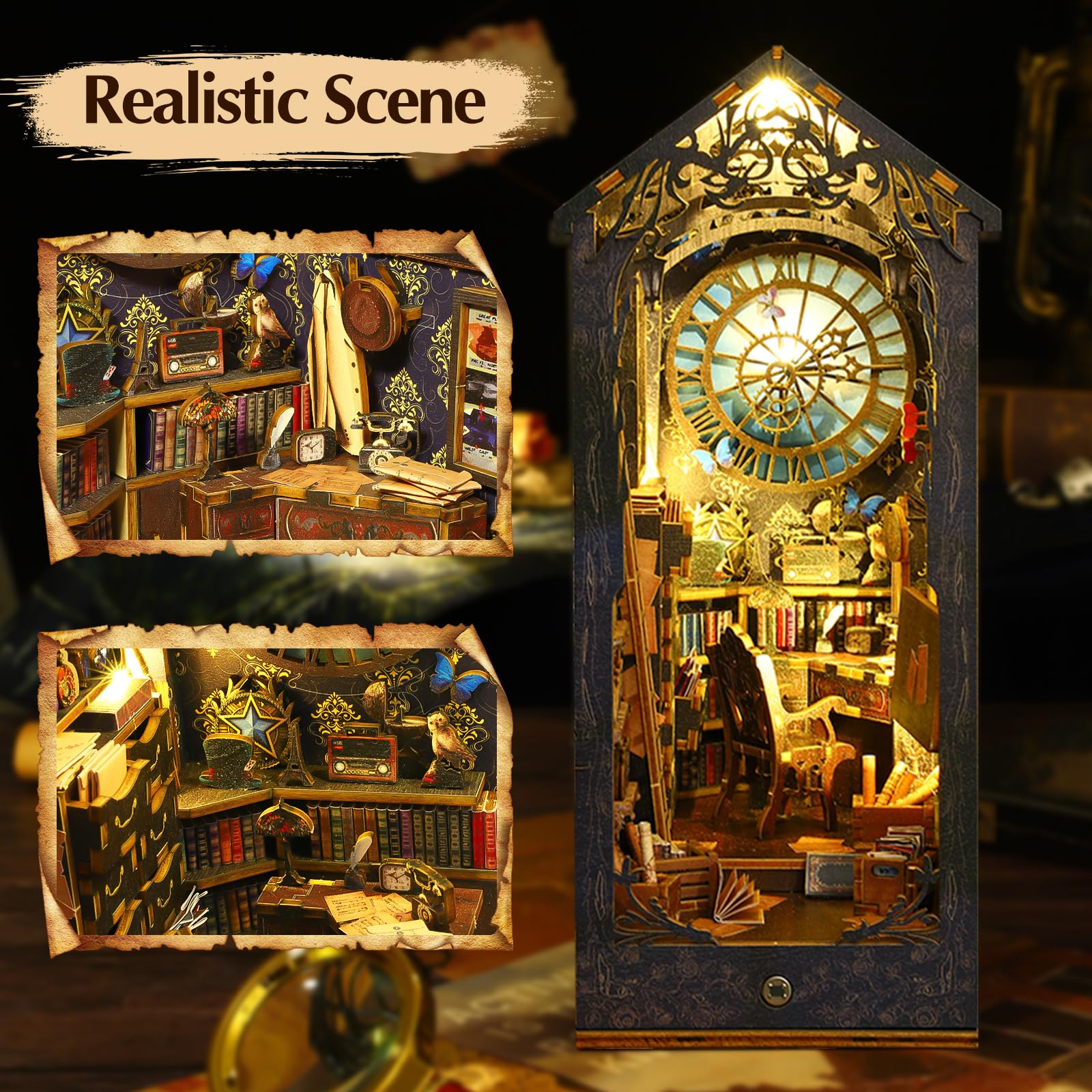 DIY Book Nook Kit Biblioteca Puzzle in Legno 3D con Mobili e LED, Kit Casa Delle Bambole in Miniatura Libreria d'arredamento, Regalo Creativo di Natale Halloween per Adulti