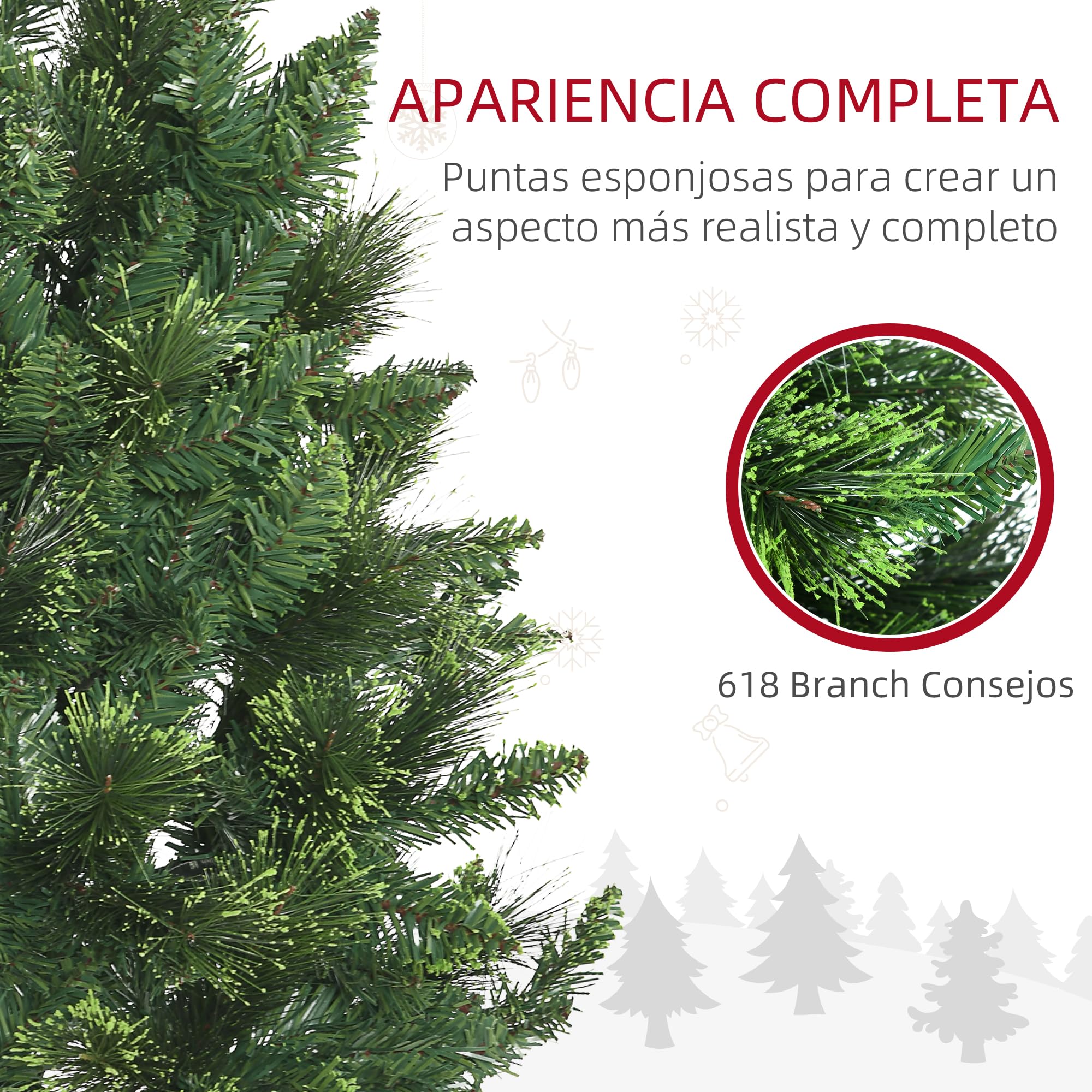 HOMCOM Árbol de Navidad 180 cm Árbol de Navidad Estrecho 618 Ramas Verde