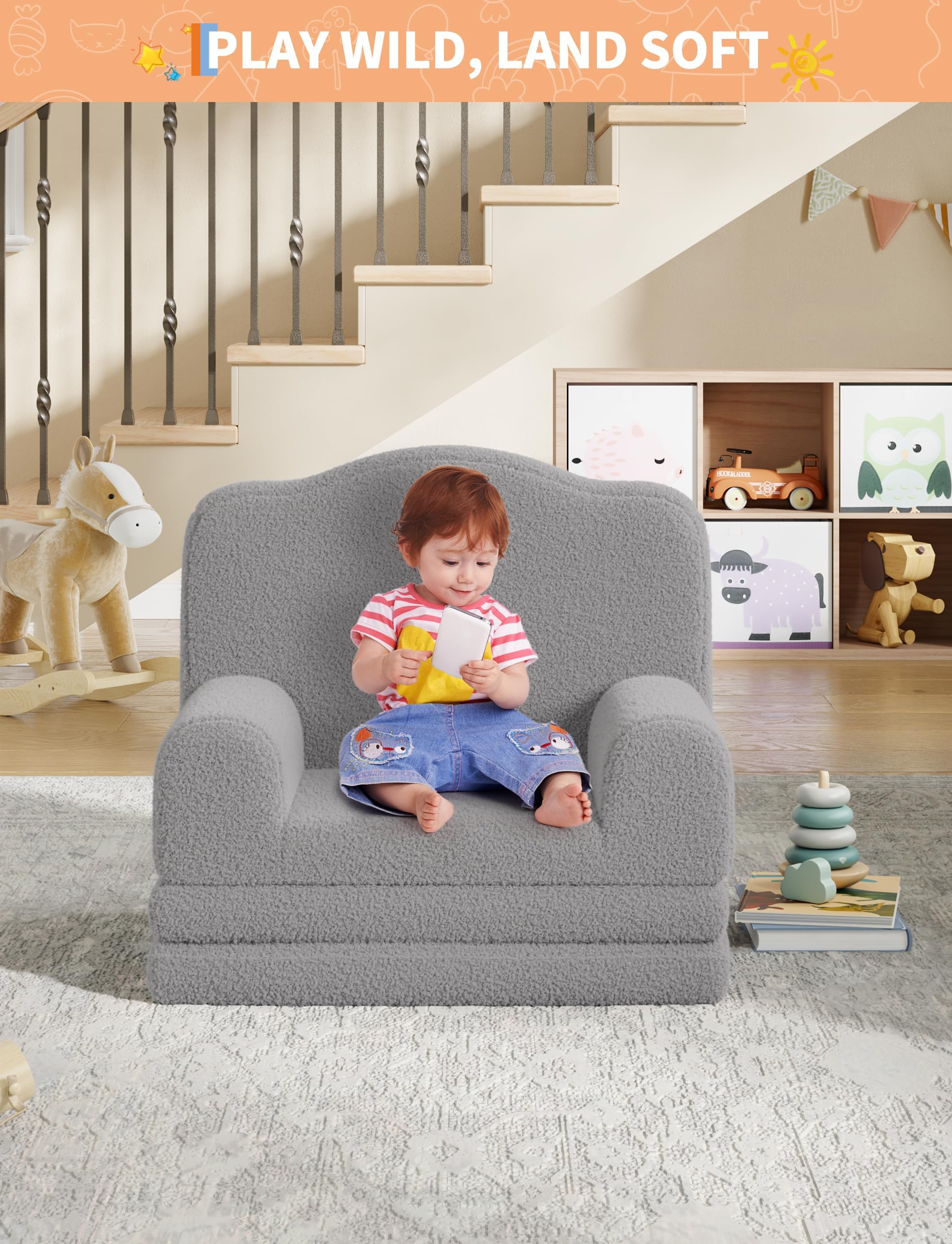 Divano Lettino Bambini 2 in 1 Pieghevole Poltrona Corona Grigio | Divano 2 in 1 pieghevole in morbido tessuto con design a corona. Fodera lavabile, perfetto per gioco e relax