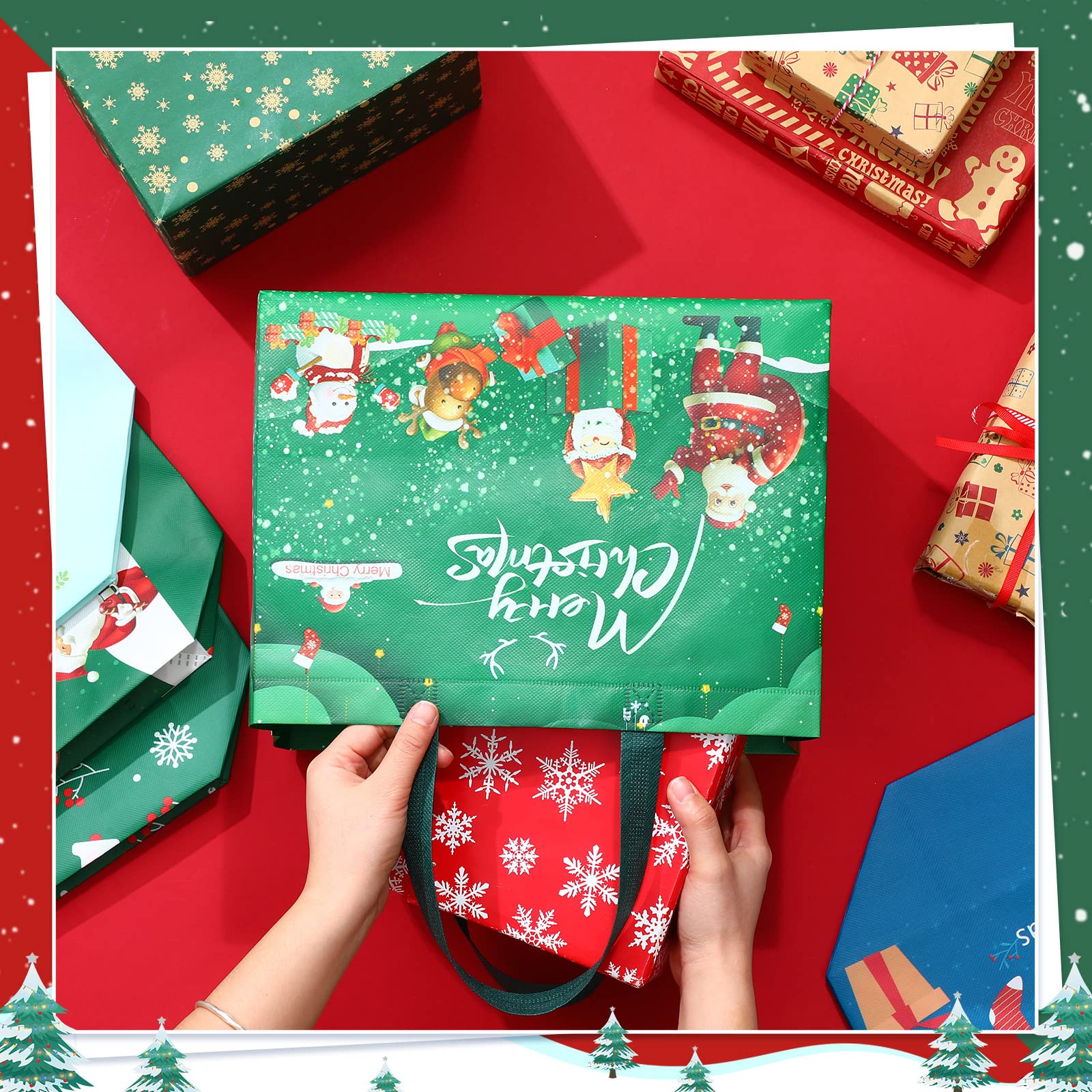 Xuniea Lot de 48 sacs fourre-tout de Noël avec poignées, sacs cadeaux de Noël multifonctionnels, non tissés, étanches, pour les fêtes de Noël, 32 x 25 x 17 cm, 30 x 25 x 11 cm
