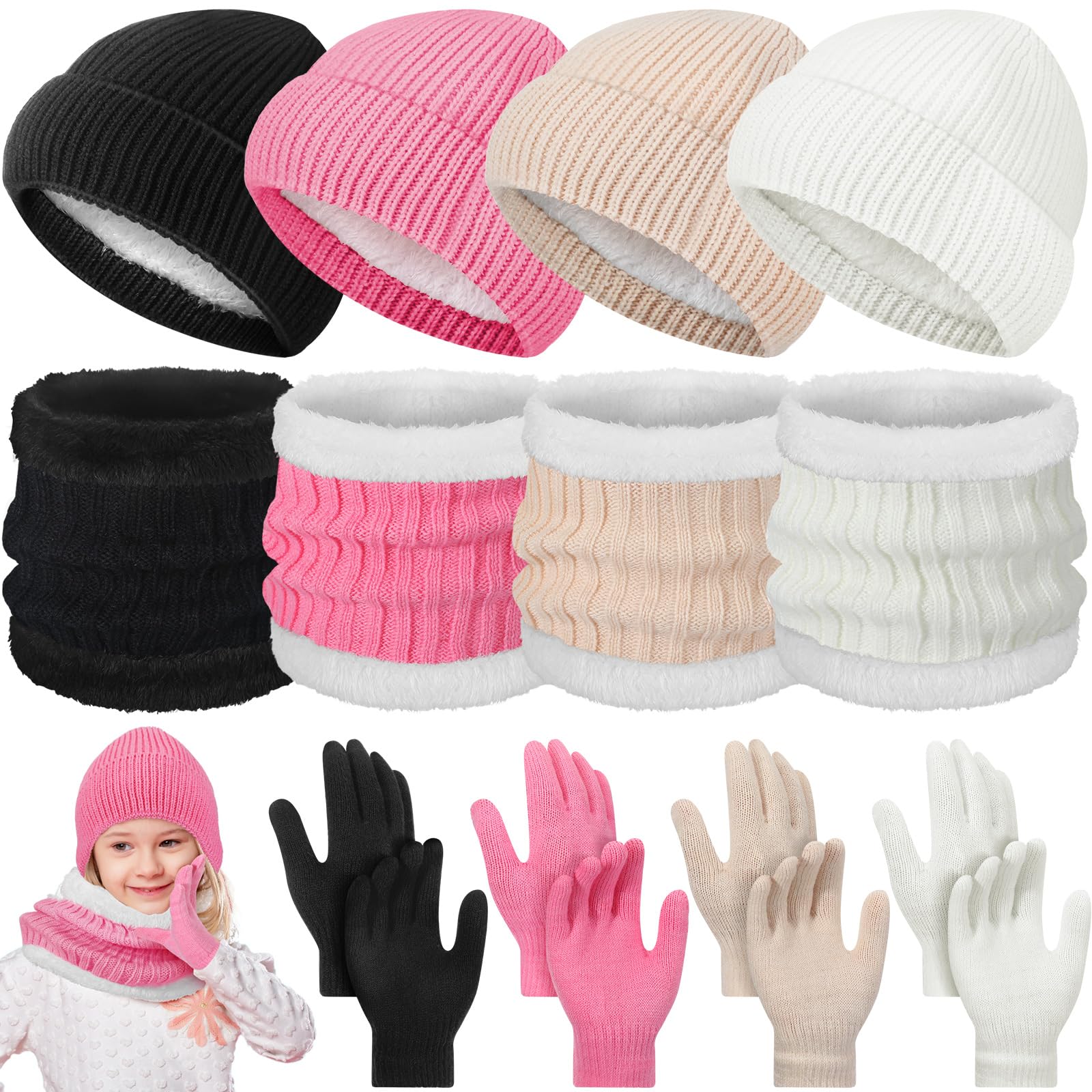 Set di 12 guanti per bambini, berretto invernale, lavorato a maglia, guanti da sci, guanti da collo, sciarpe calde, per bambini da 5 a 8 anni, regalo per ragazzi e ragazze, alla moda., 6.7 x 8.3