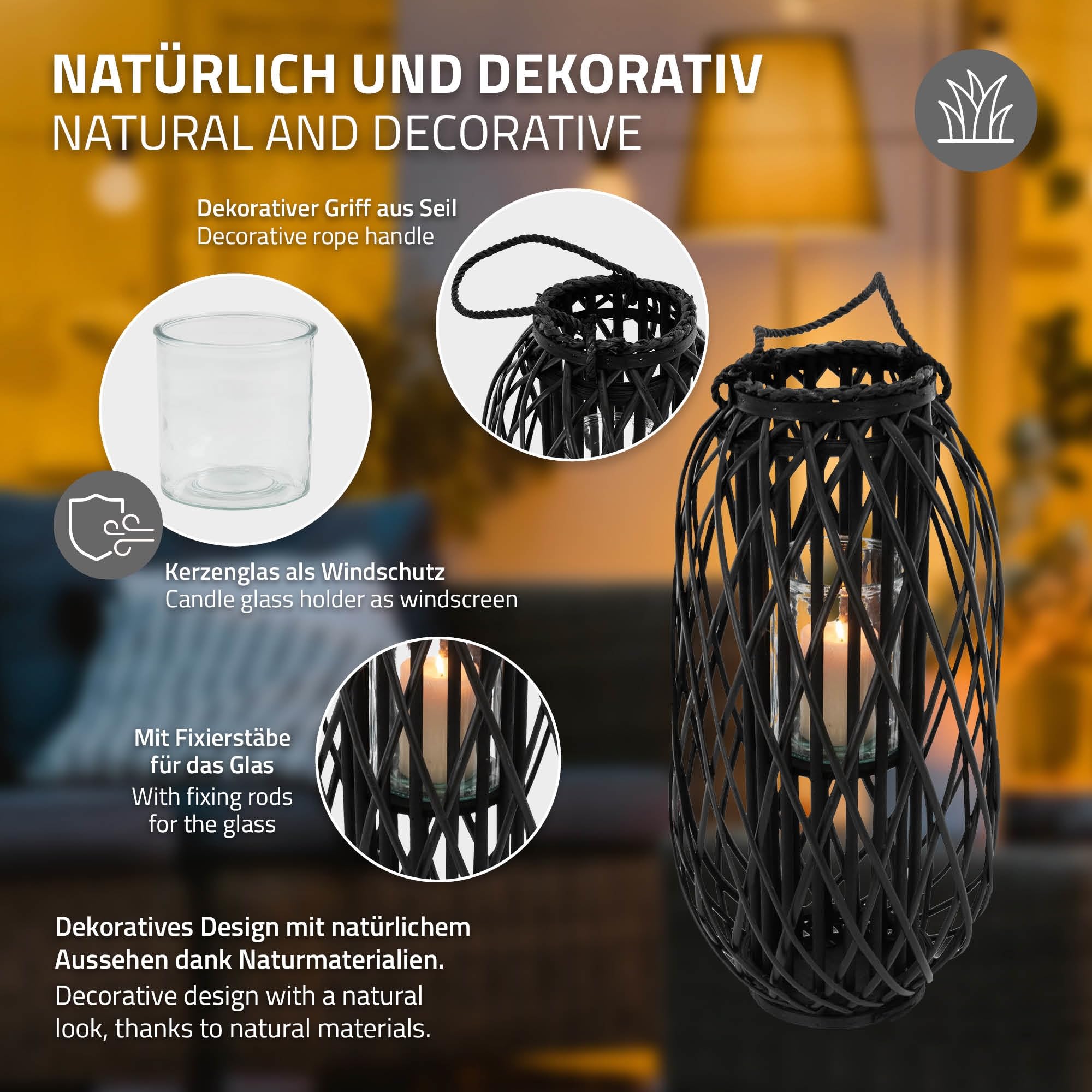 ECD Germany Linterna Estilo Ratán Portavelas 60 x Ø 27 cm Negro con Aspecto de Mimbre de Caña Natural Tejido Trenzado Robusto Luz de Vela Decorativa Farola para Mesa en Terraza Salón Jardín