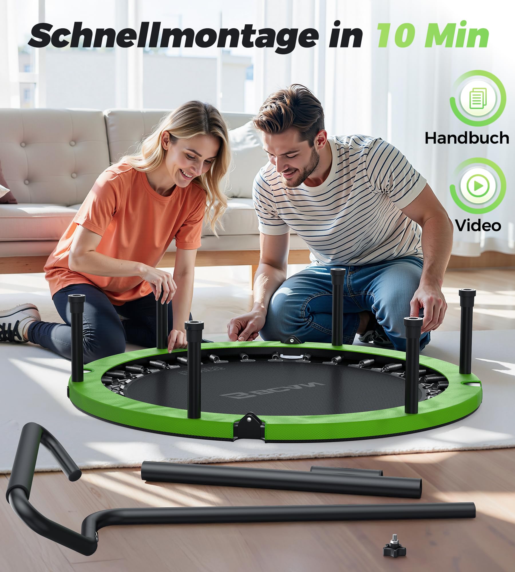 BCAN Trampolin Indoor, 102 cm Jumping Trampolin Fitness, Faltbar, Tragfähigkeit 150 KG, Verstärkte Feder, Verstellbarer Haltegriff mit Schaumstoffpolsterung, Geeignet für Erwachsene und Kinder