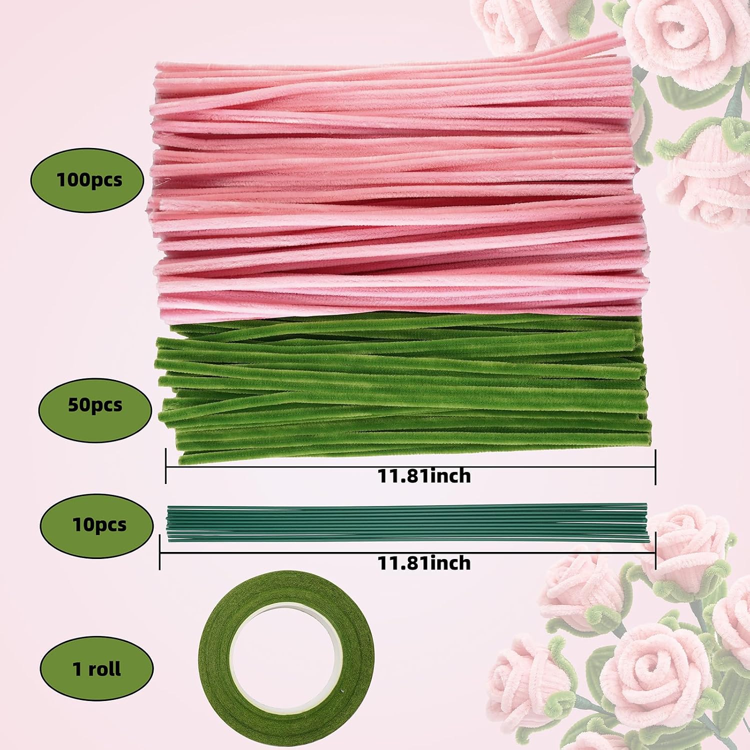 Qirimoi Pink Pipe Cleaners Flowers kit, Pipe Cleaner Flower Set Pipecleaners for Craft with Floral Wires and Floral Tape (150Pcs,Pink+Green)