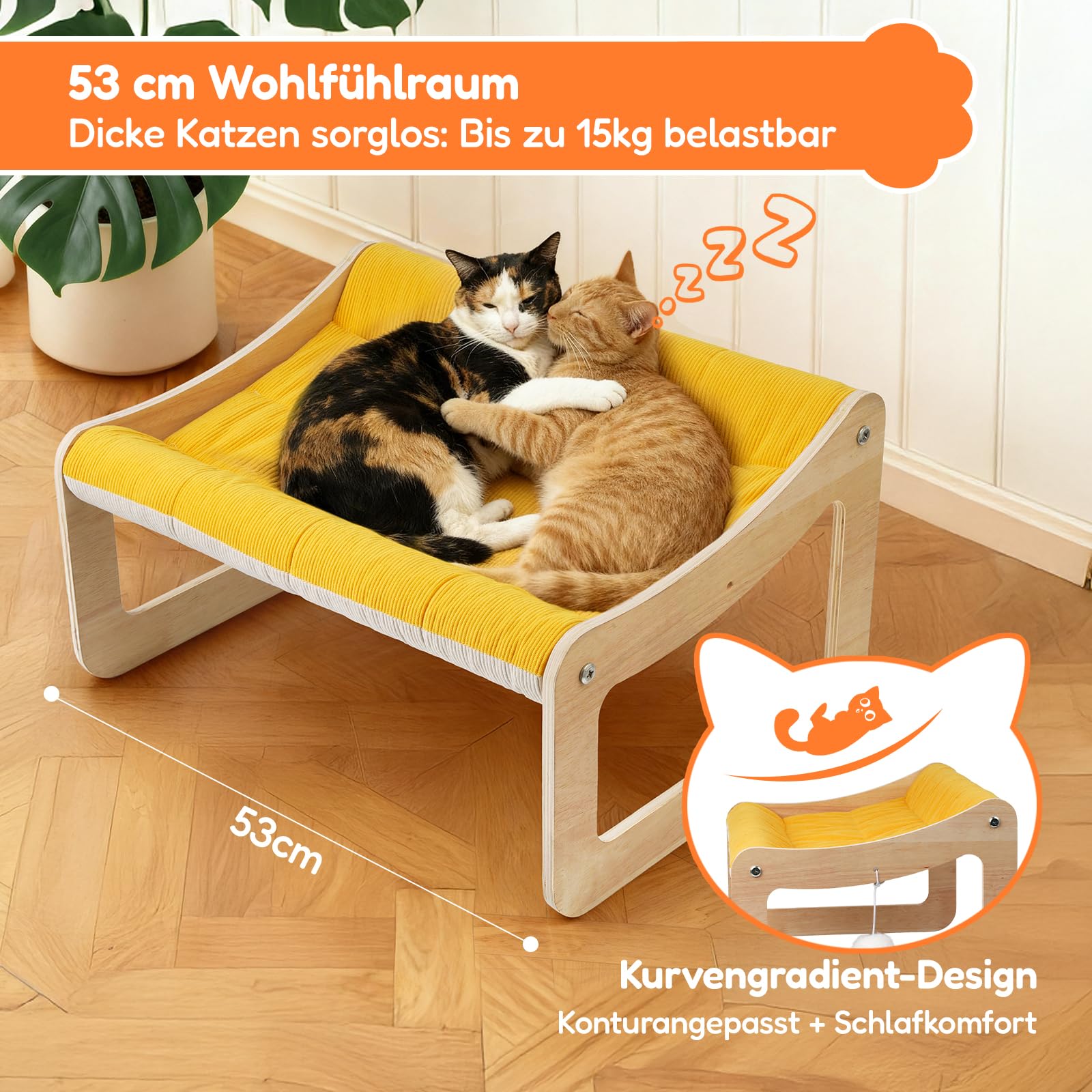 BSWAY Letto per gatti rialzato, in legno, divano per gatti giallo sole, 53 x 40 cm, alla moda, con coprimaterasso rimovibile, portata 15 kg