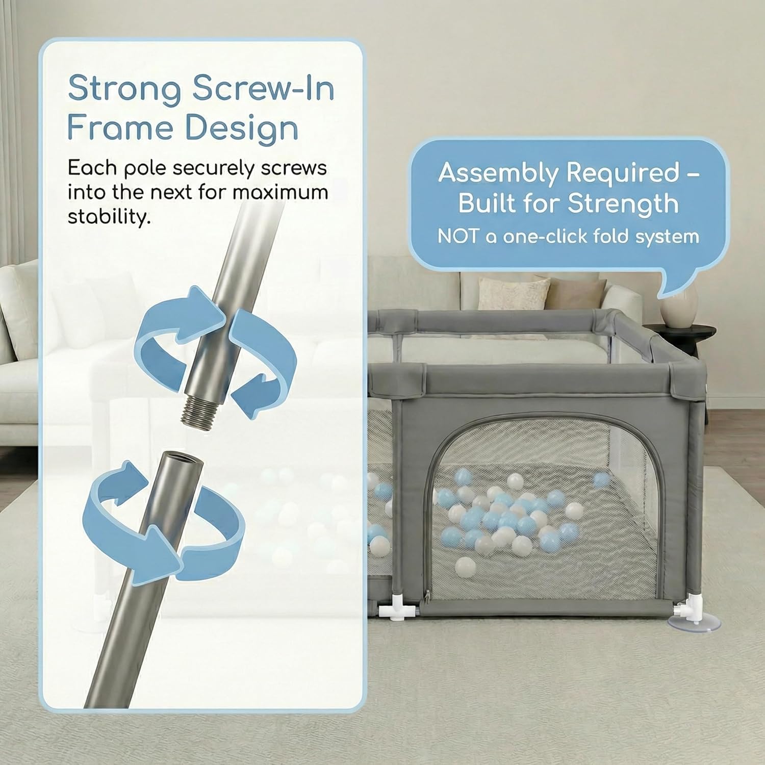 Orian Baby Playpen 50x50 Large Play Yard for Babies and Toddlers, Indoor Outdoor Playpen, Sturdy Baby Play Pen with Mesh Sides, Safe Baby Fence Play Area, Assembly Required/Not Portable, w Storage Bag