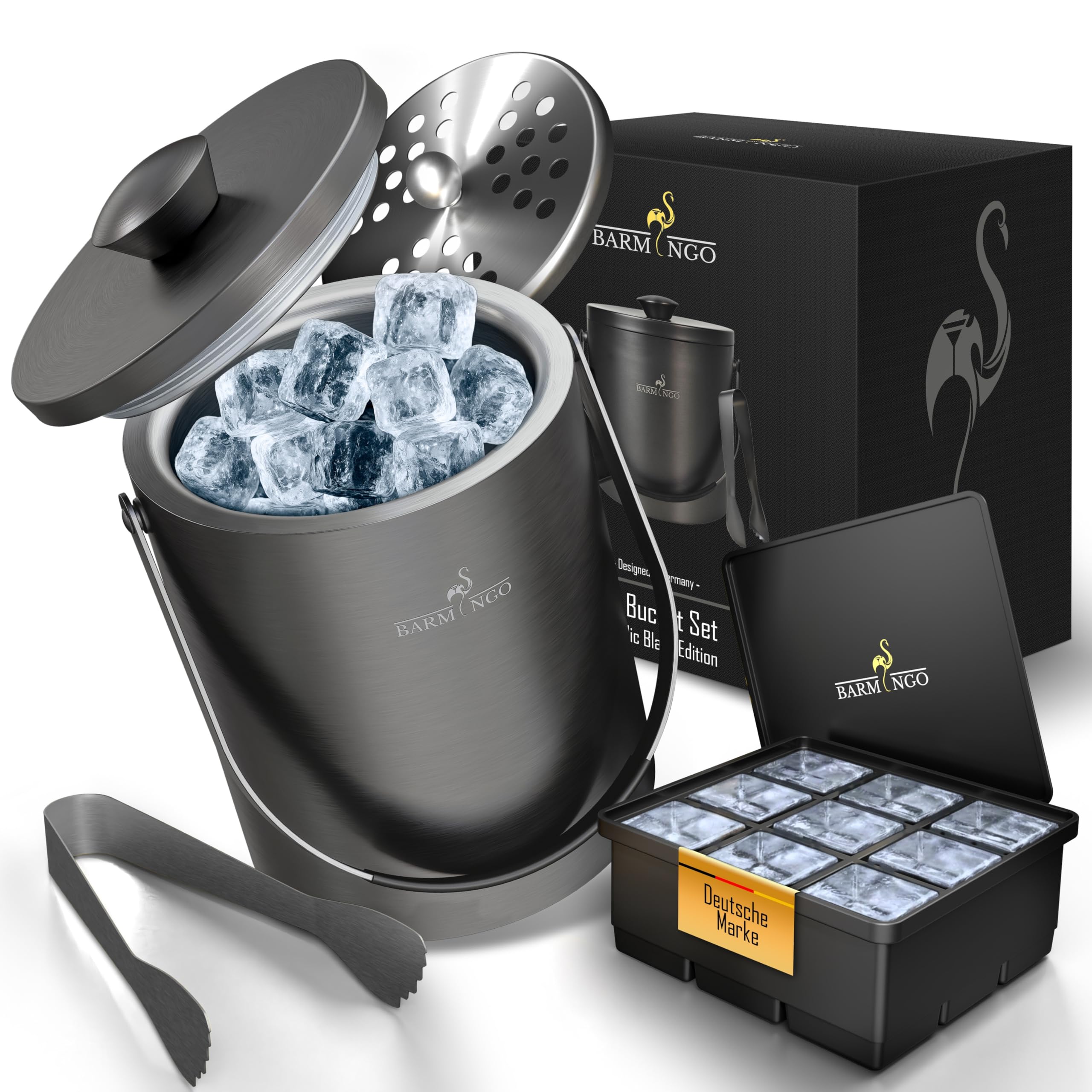 Cubitera de acero inoxidable con tapa, 2 l, para cubitos de hielo con colador, molde para cubitos de hielo y pinzas, doble pared, aislado, libre de BPA