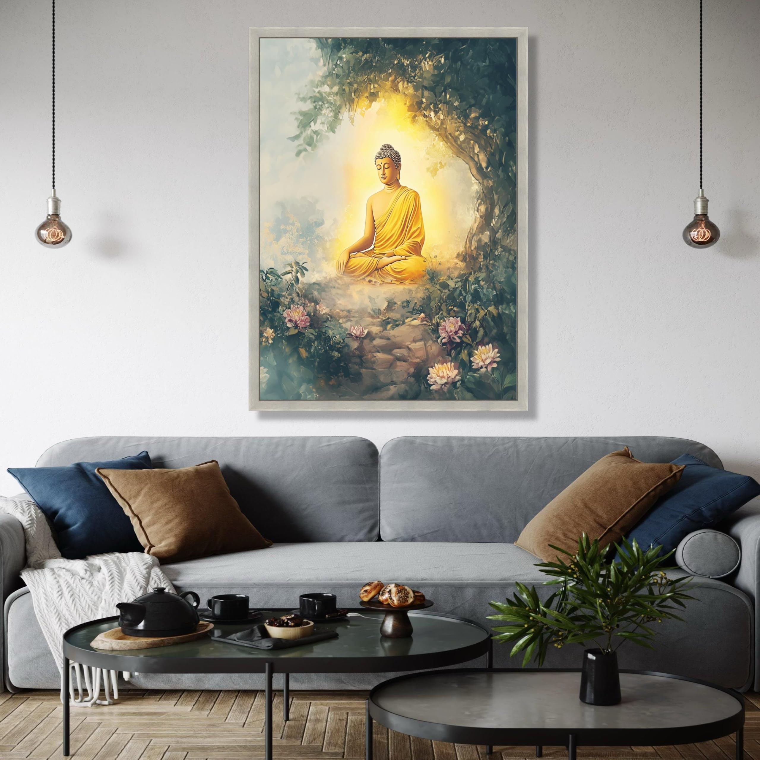 YUSUZHU Buddha in meditazione in un giardino tranquillo, arte murale spirituale su tela, arredamento zen per la casa, illustrazione di Buddha, poster dipinto (70x100 cm/cornice interna)