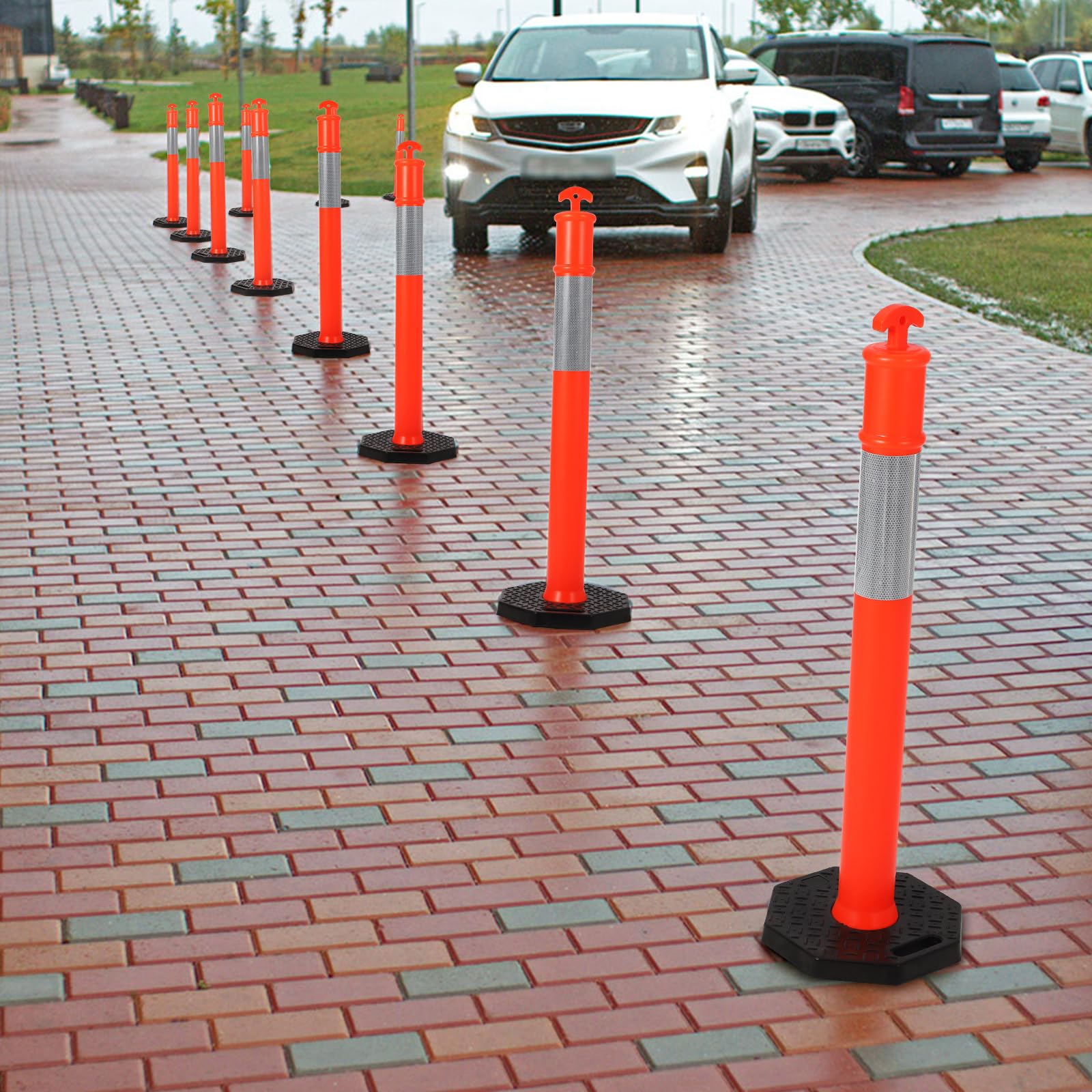 Postes Delineadores de Tráfico 6 Unidades Rojo y Blanco con Base de 35 cm, Conos de Seguridad de Plástico Resistentes para Parking, Carretera, Obras y Control de Multitudes