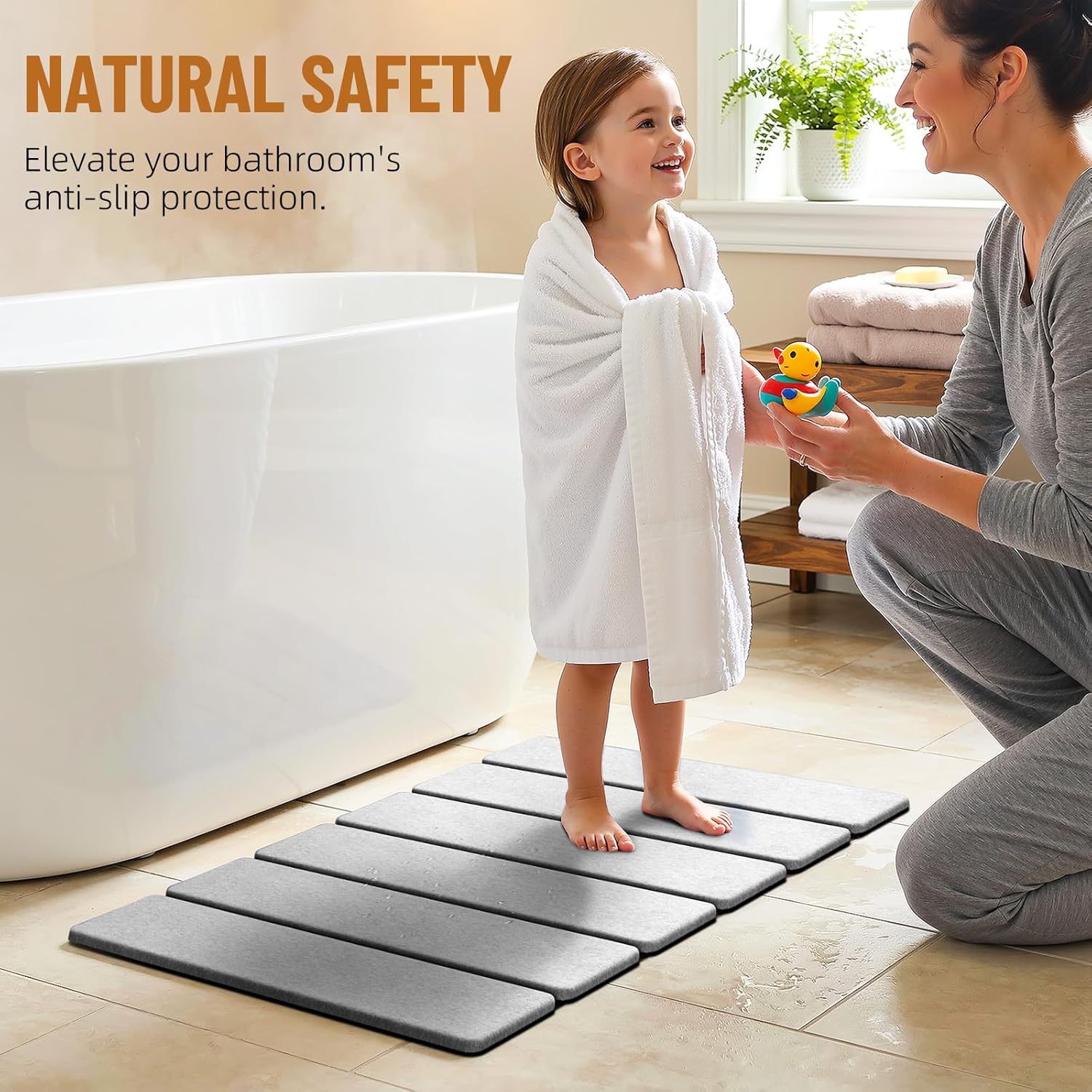 Luxspire Stone Bath Mat Foldable, Quick Drying Diatomaceous Earth Bath Mat for Bathroom, Large Bathroom Rug with Non-Slip Rubber Base, Stone Drying Mat for Kitchen Counter, 24 x 16 in, Light Gray