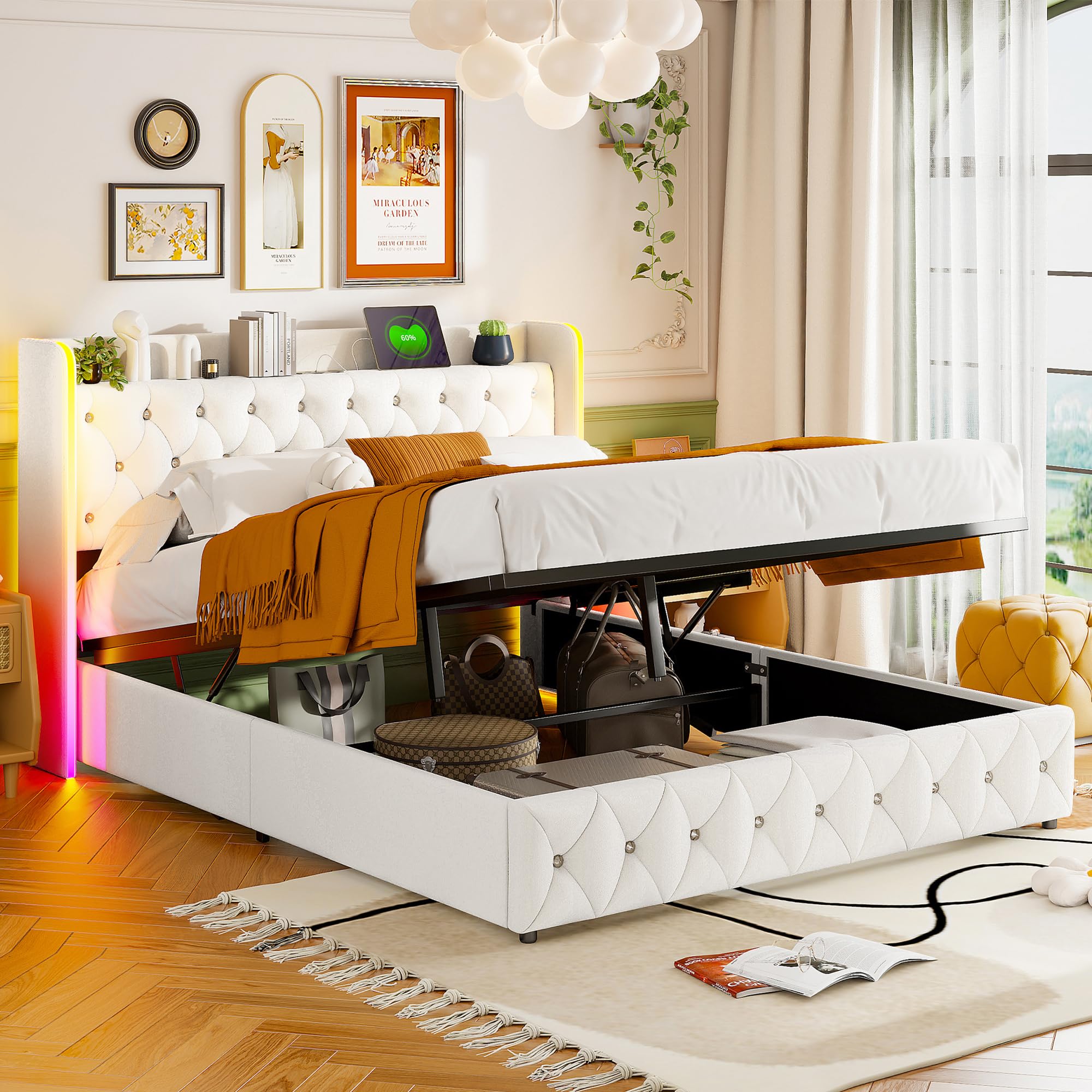 Letto Matrimoniale Imbottito Con Contenitore E Pistoni Idraulici, 140x190 Cm, Velluto Beige, Con Testiera, Senza Materasso