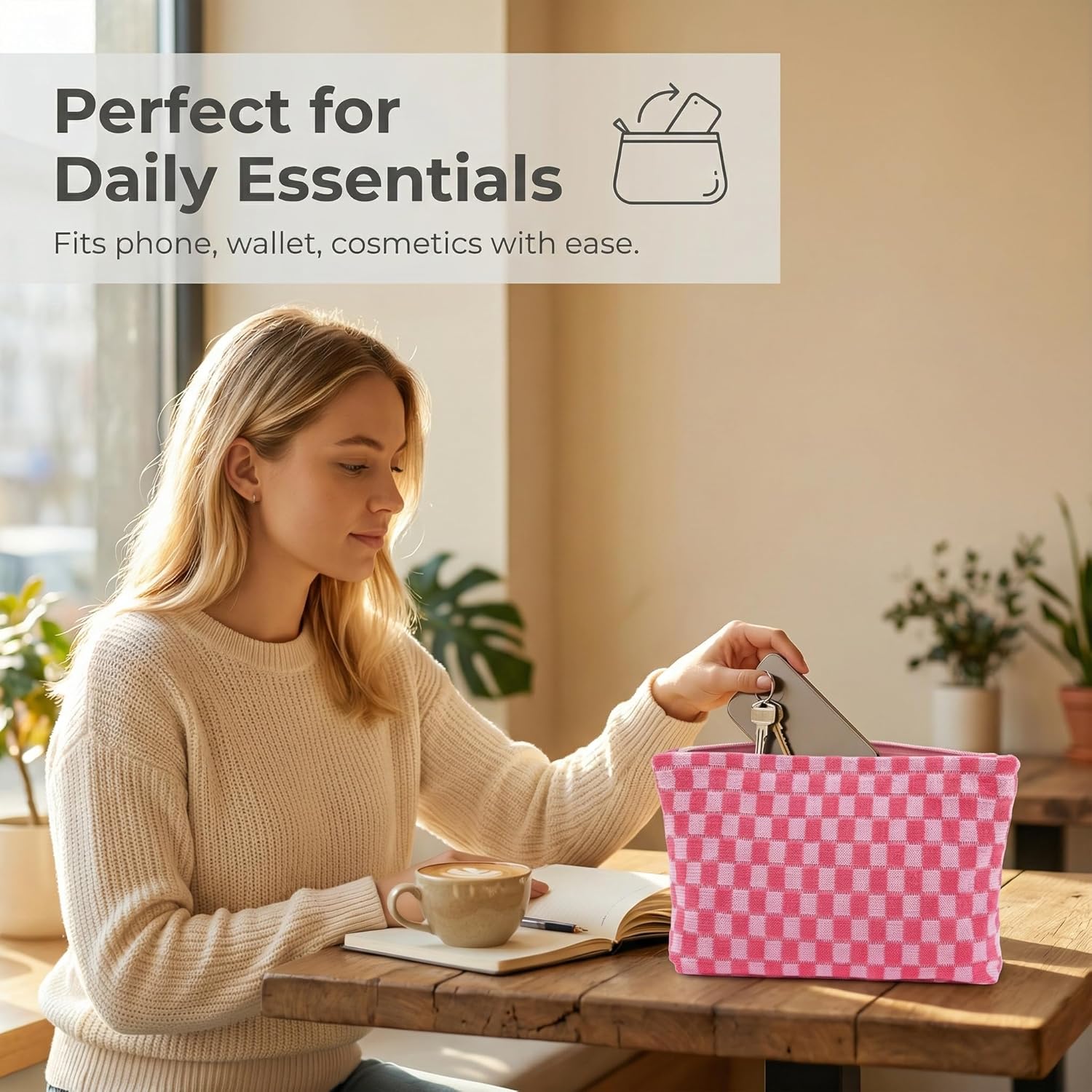 12 PACK Checkered Makeup Bags Bulk-Valentines Day Gifts/Bulk Cosmetic Bags/Large Bridesmaid Proposal Gifts/Makeup Pouch for Wedding Party Favors/Teacher/Mon/Gifts/Toiletry Travel Bags(12, Pink) - Image 4