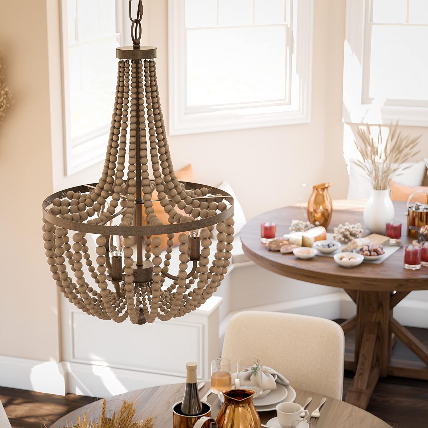 Kenroy Home Casual 3 Lt Wood Bead Chandelier ,28 Inch Height, 16 Inch Diameter with Golden Bronze Finish