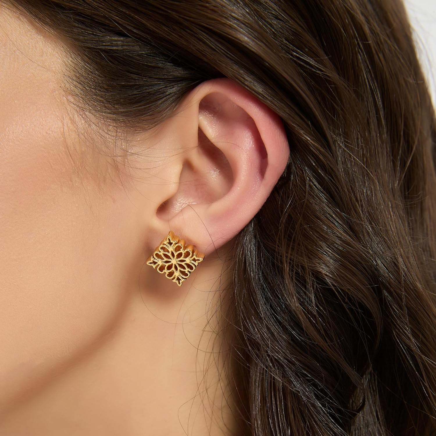 Square Chunky Golden Stud Earrings for Women | 18K Gold Plated Flower Studs Earrings - Image 4