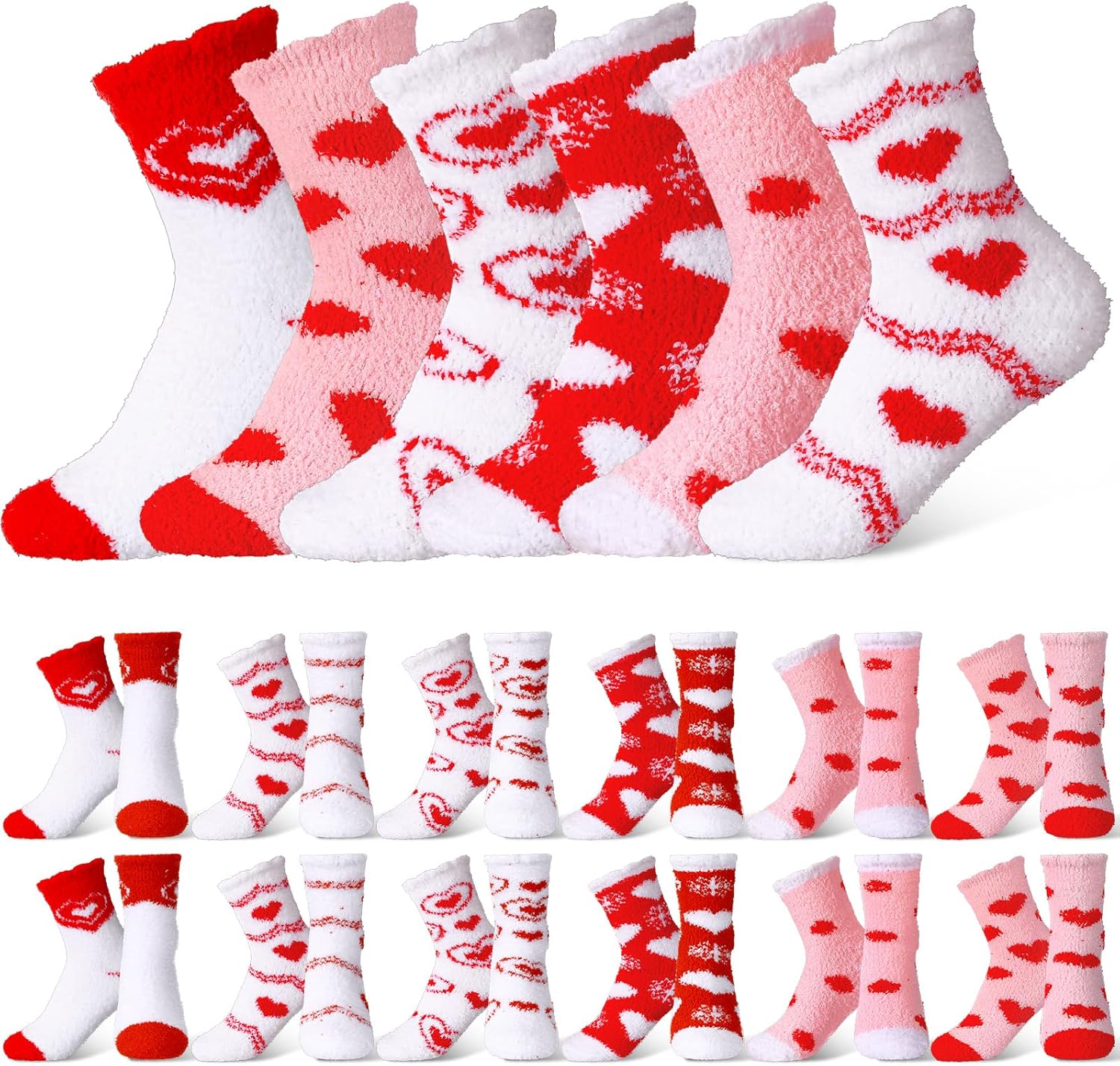 Unittype 24 Pairs Galentines Day Socks Valentine Gift Red Fuzzy Socks for Women for Her Soft Plush Heart Winter Sleep Adult Cozy