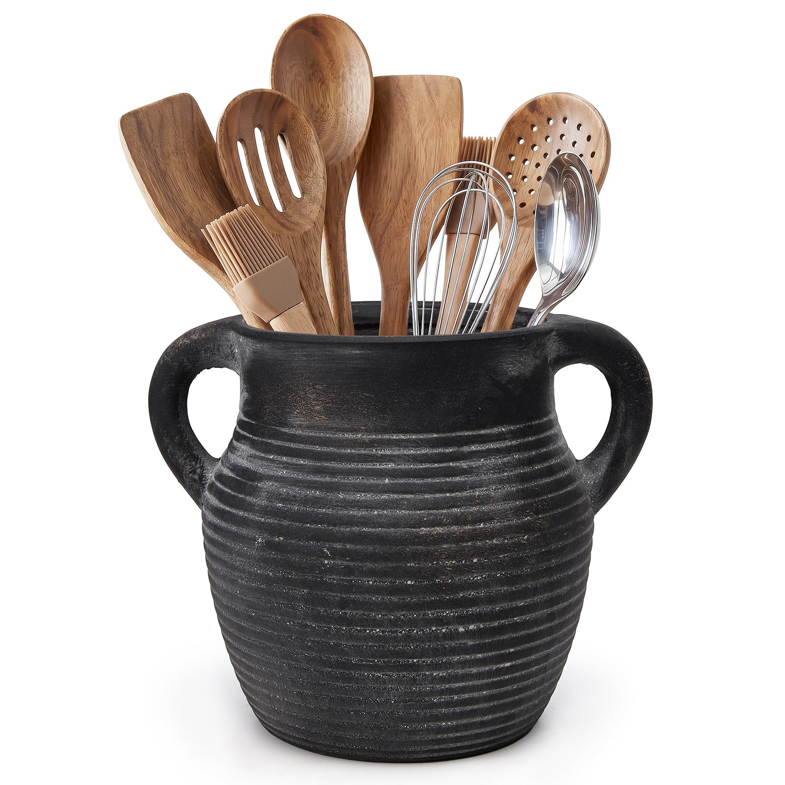 Photo 1 of Cwfutwell Rustic Utensil Holder for Kitchen Counter - Ceramic Farmhouse Cooking Utensil Crock & Organizer for Spatula, Spoon-Vintage Kitchen Decor (Charcoal)