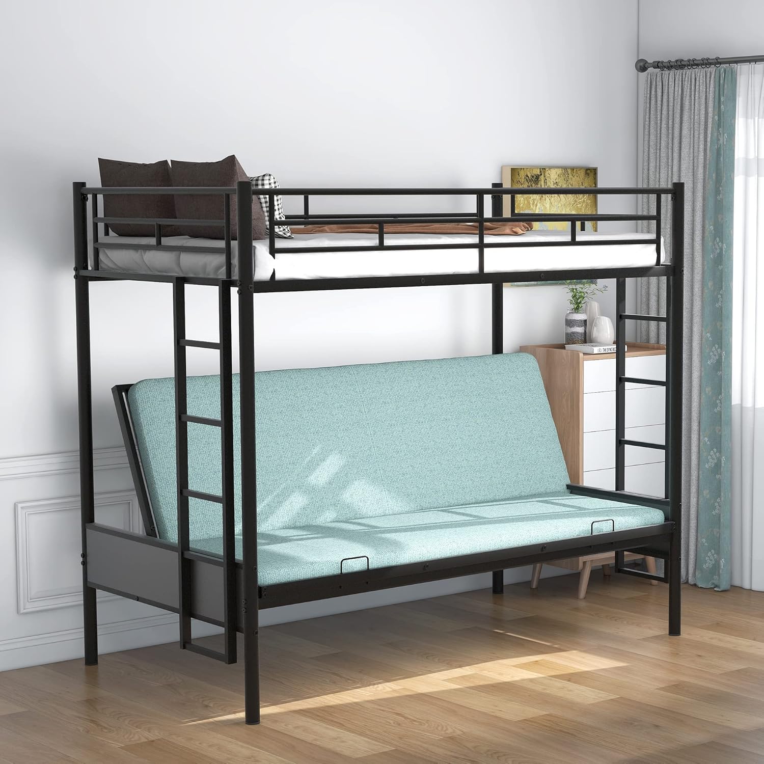 Twin Over Futon/Full Metal Bunk Bed, Multi-Function Bed Frame with Intergrated Ladder and Full-Length Guardrail for Bedroom (Black)