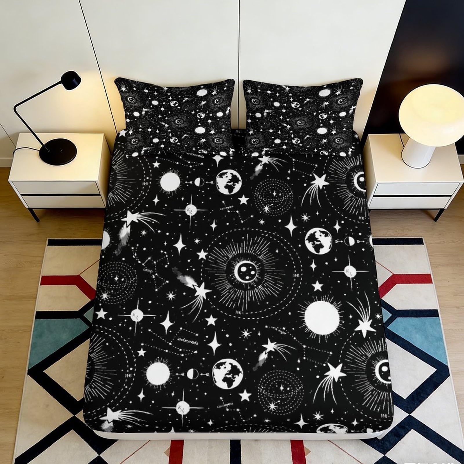 3D Printed Galaxy Starry Sky Fitted Sheet Microfiber Black White Cosmic Nebula Mattress Cover Bedroom Decor 180x200x25cm